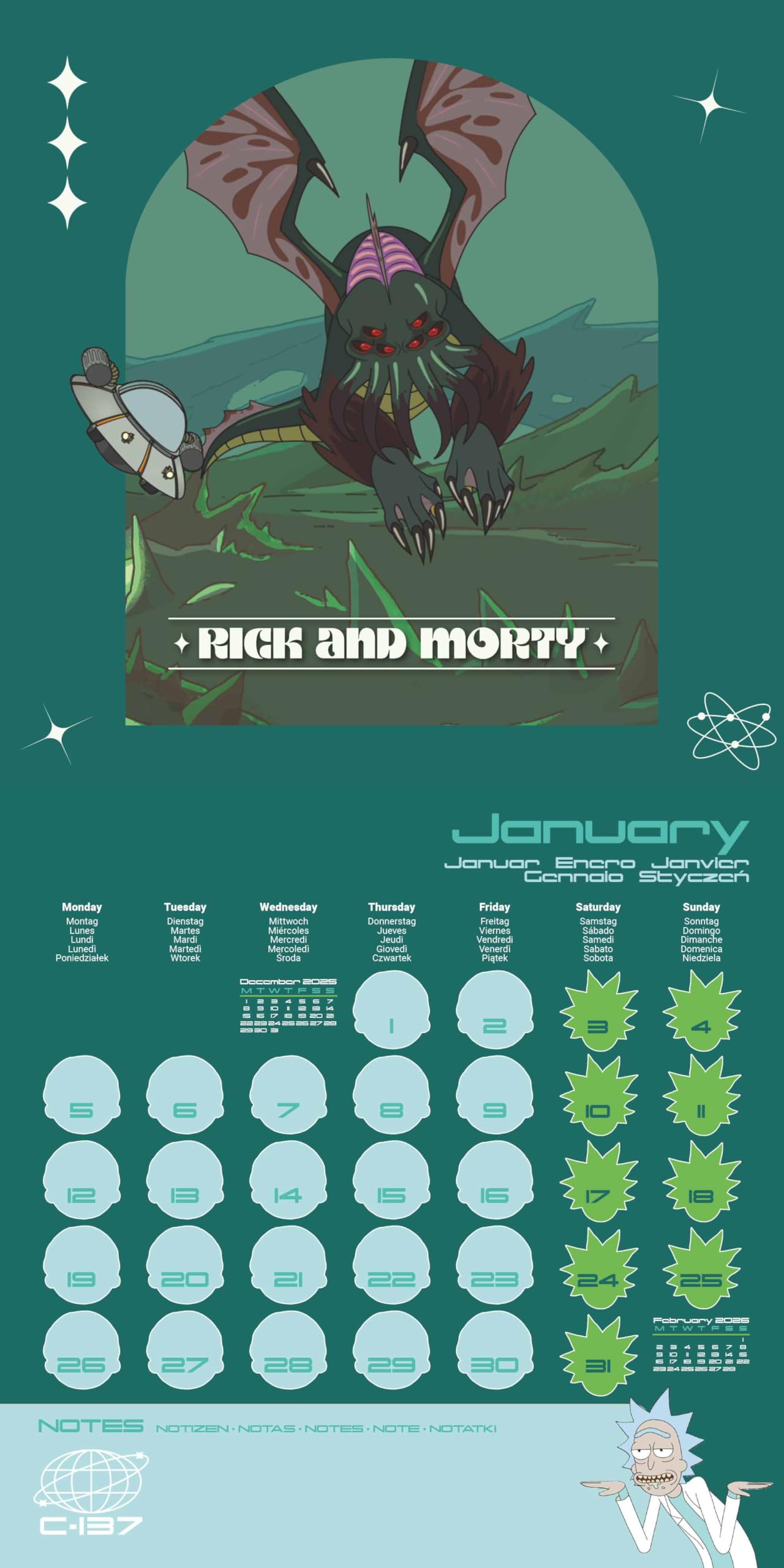 Calendario 2026 da parete rick and morty 30 x 30 cm