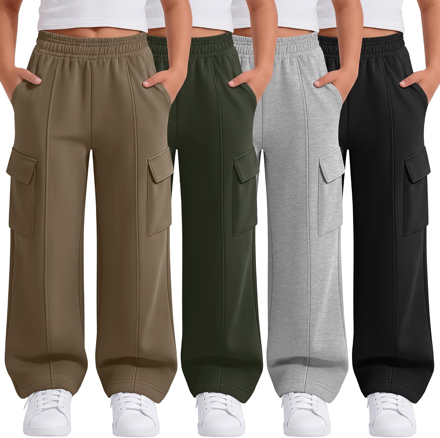 Ficerd 4 Pack Girls' Wide Leg Cargo Sweatpants 5-14Y | Back to School Baggy Pants, Athletic Open Bottom Joggers, Loose Fit School Uniform with Pockets, Drawstring Trouser