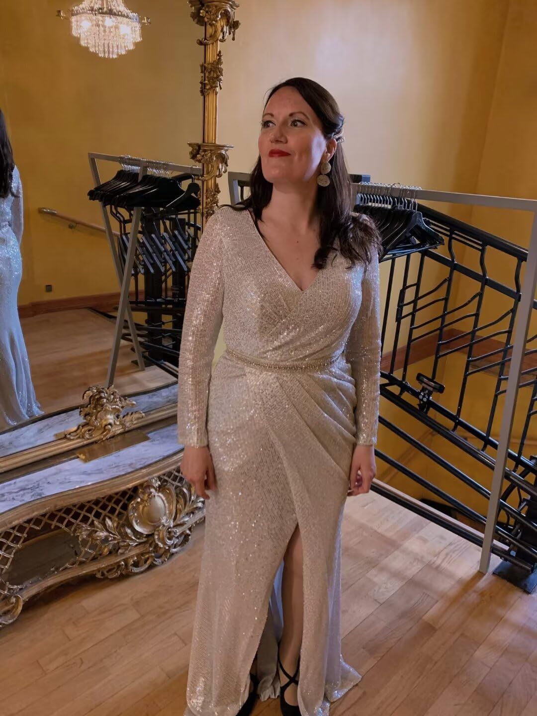 UZN Long Sleeve Sequin Prom Dresses Long Split for Women Sparkly V Neck Formal Evening Party Gowns - Image 4