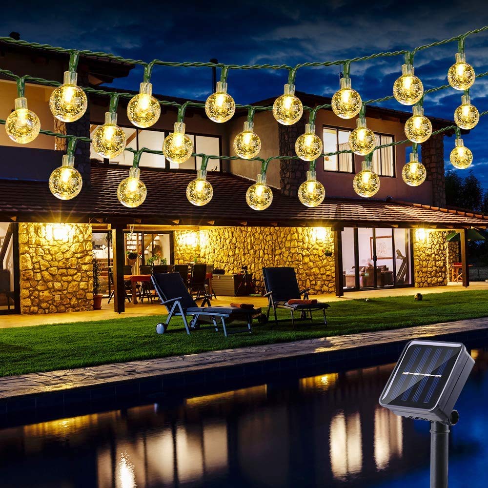 PhilzOps Catena Luminosa Solare Esterno, 6.5M 30 LED Bianco Caldo Luce Stringa Solari 8 Modalità Impermeabile Cristallo Lucine per Esterni Casa Giardino Patio Festa Matrimonio Natale Decorazione
