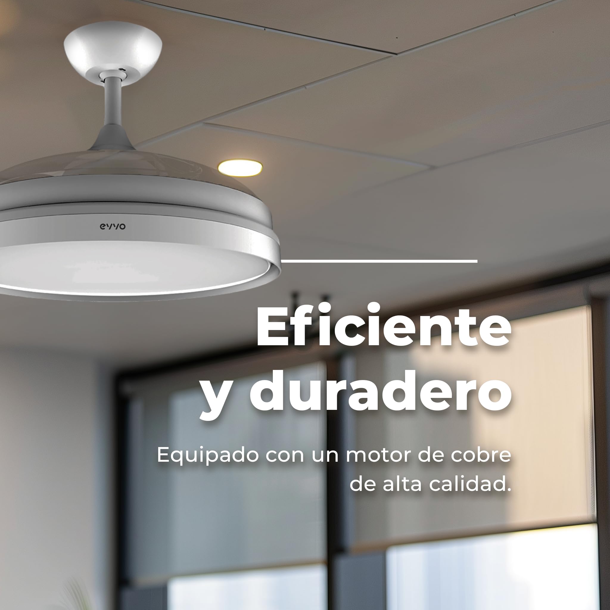 EVVO Ventilador de Techo con Aspas Rectráctiles y Luz, Ø107cm, 3 Aspas, Motor DC 40W, 6 Velocidades, Temporizador hasta 4h, Función Invierno-Verano (Modelo: V450 Invisible White)