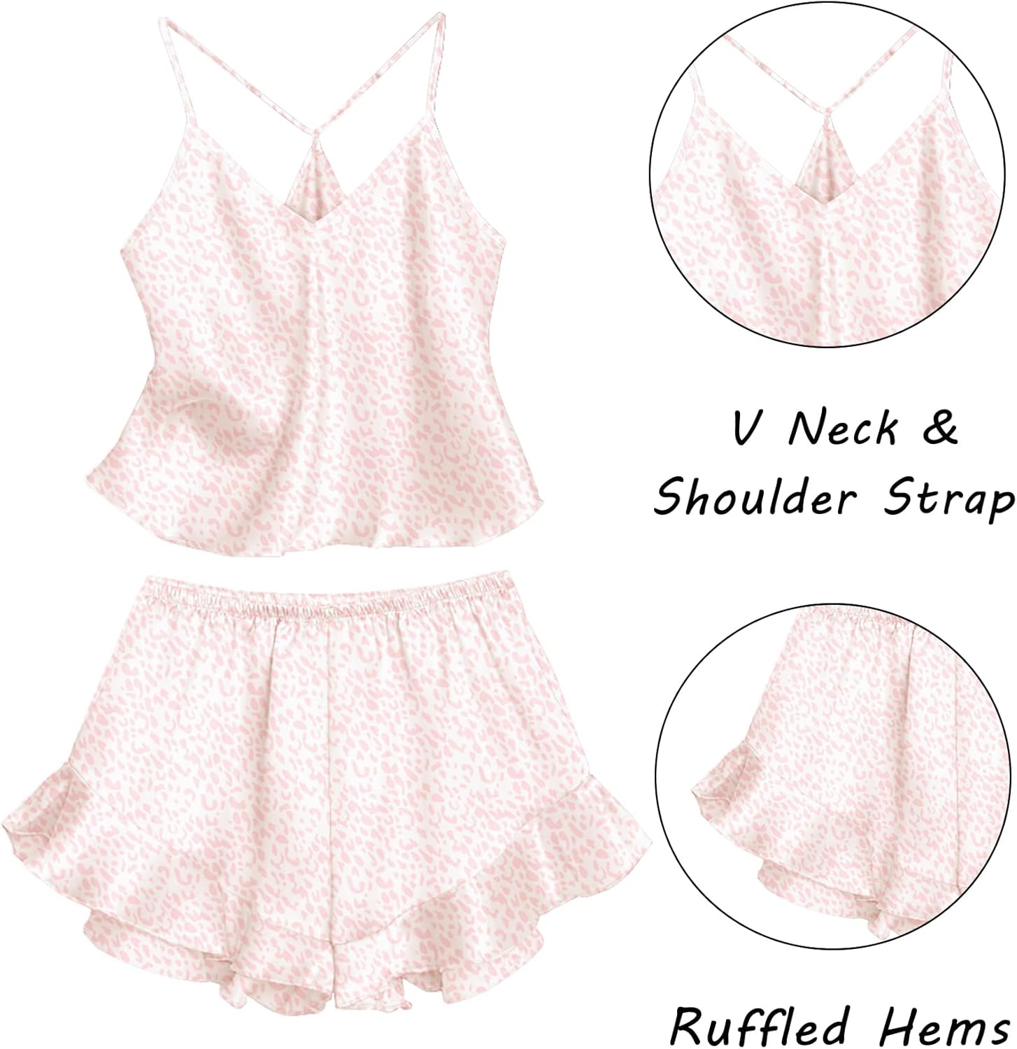 Ekouaer Satin Pajama Set for Women 2 Piece Camisole Top and Shorts Silk Lingerie with Ruffle Floral Nightwear - Image 4