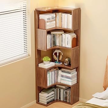 Corner Shelf, 5 Tier Corner Bookshelf, L Shaped Storage Display Rack, Ladder Display Shelf with Storage, for Bedroom, Bathroom, Small SpaceNatural