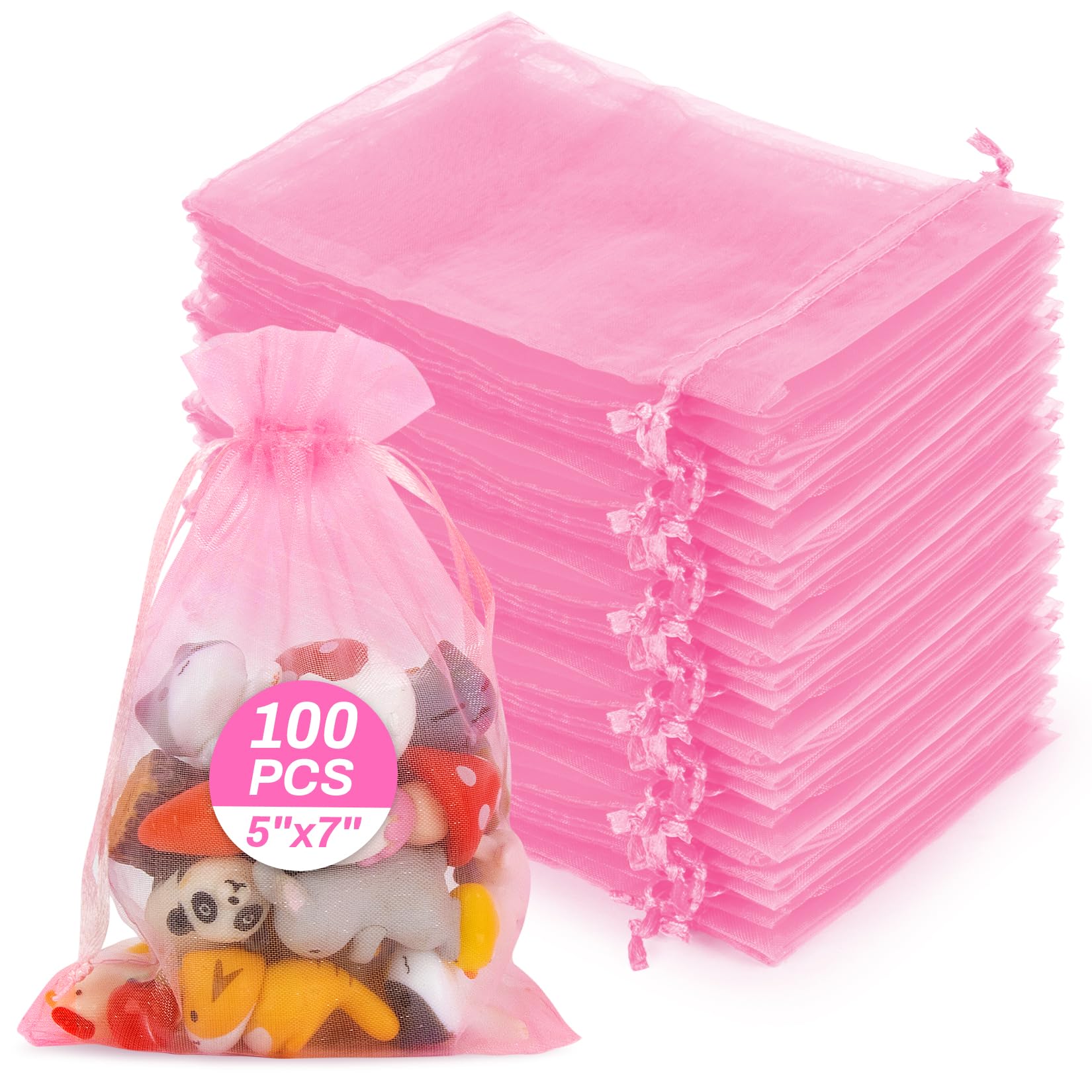 Sukh Pink Organza Bags 5"x7" - 100PCS Small Mesh Drawstring Gift Bags
