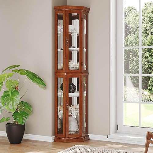 Miniatura 2 de Hayiodda Gabinete de exhibición de cristal Curio de esquina - Gabinete de China Curio de esquina iluminado con respaldo espejo, vitrina de China con