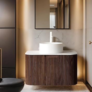 24" Modern Floating Bathroom Vanity with Sink, Wall-Mounted Cabinet with Ultra-Thin Ceramic Basin and Marble Top, Extra Large Storage Drawer, Soft-Close Design, Dark Walnut