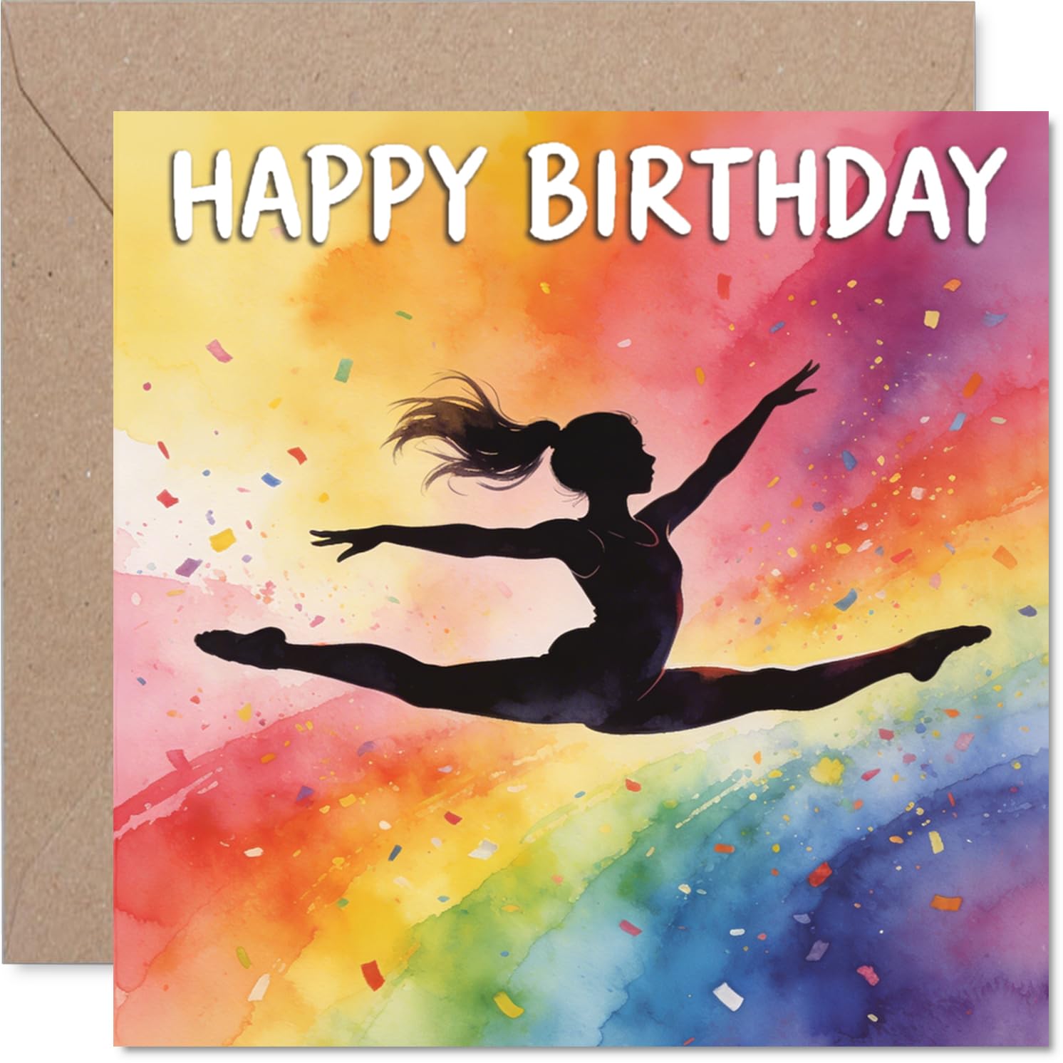 Playful Birthday Card - Bursting with Birthday Cheer - Vibrant Rainbow Dancer Silhouette - A Celebration in Every Colour - 145mm Square, Envelope Included