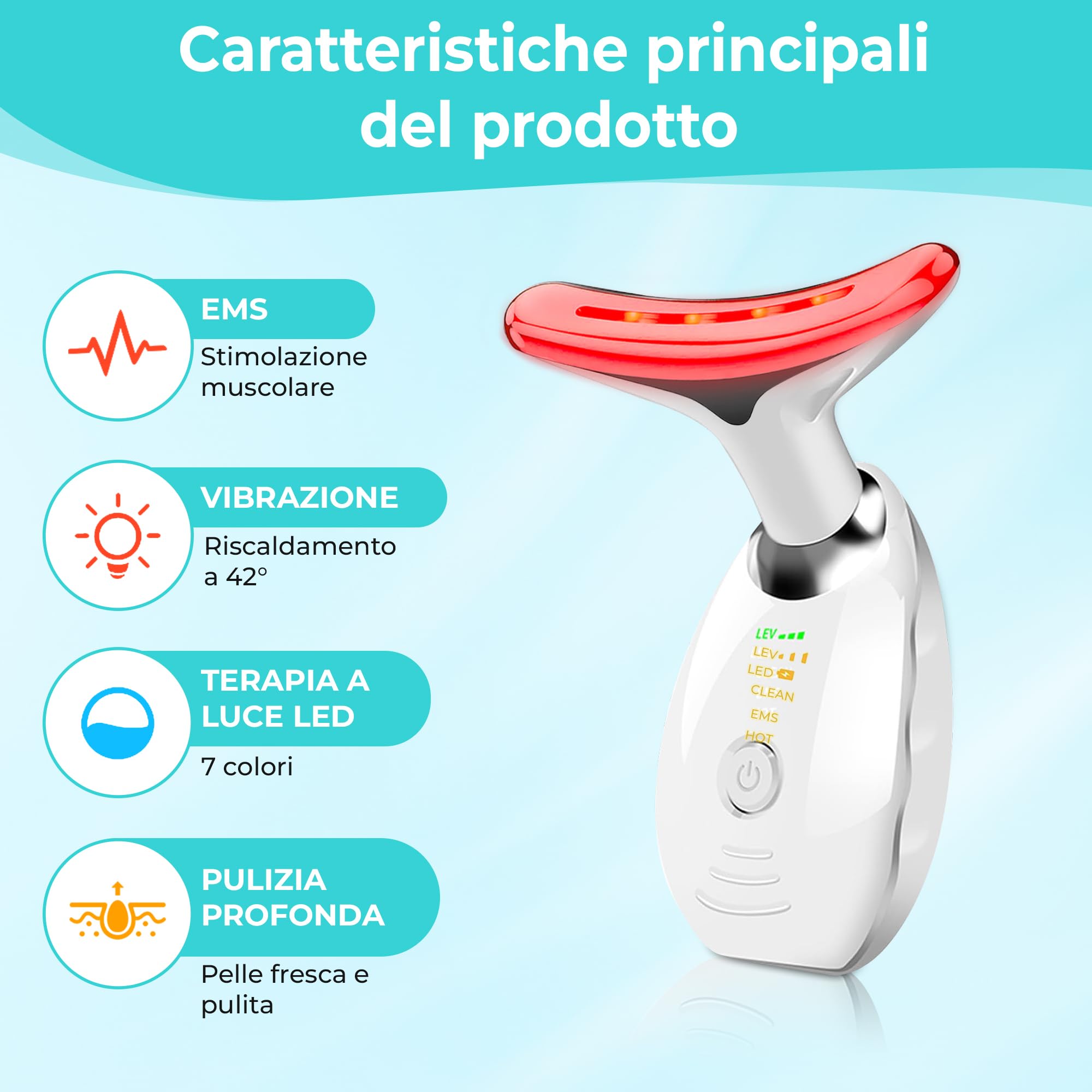Massaggiatore Viso antirughe, Massaggiatore per la tonificazione e il rassodamento della pelle, terapia con luce rossa, EMS gua sha a 45°C, lifting viso e anti-età con 7 colori e 3 modalita led.
