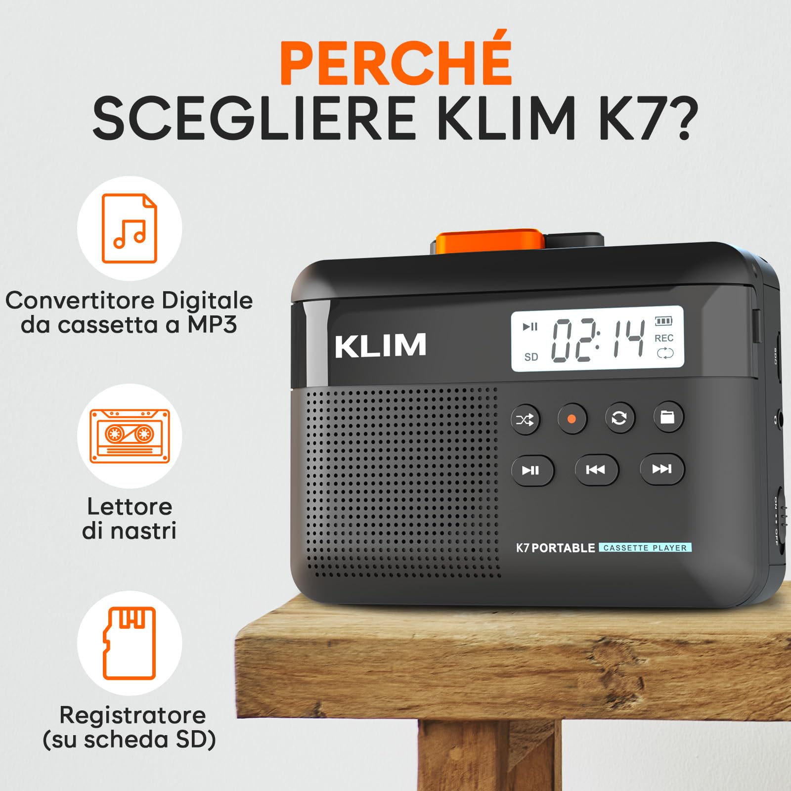 K7 Cassette Player MP3 Converter Portatile con Microfono e Altoparlante Incorporati Batteria Ricaricabile Auricolari Scheda SD 16 GB Nero Arancione