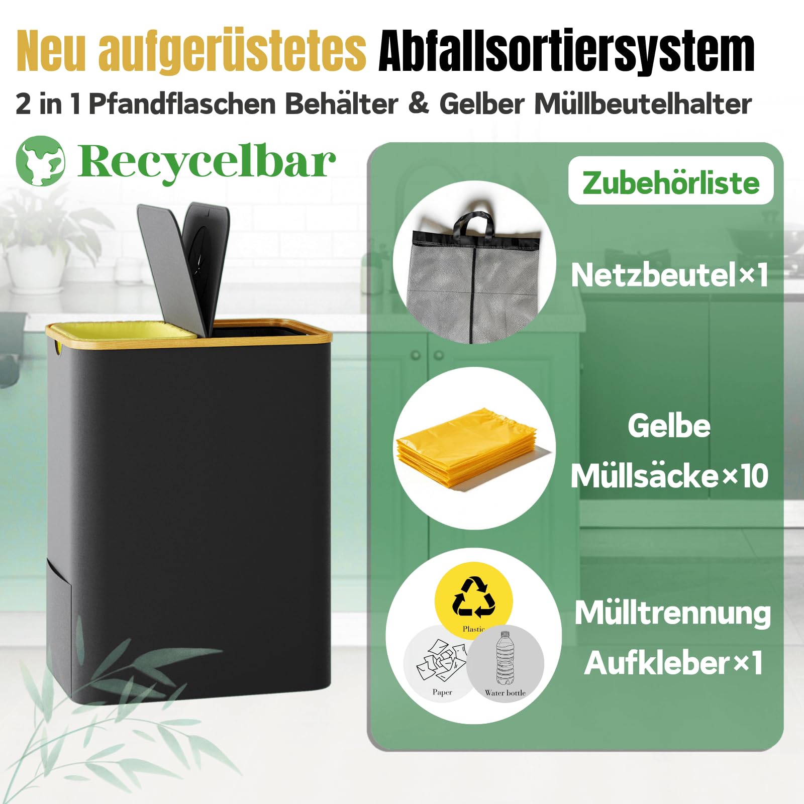 RMAN® 160L Gelber Sack Ständer Mülleimer 2 Fächer Wasserdicht Faltbar 2-in-1 Groß Müllsackständer mit 10 Gelber Müllsäcke Schwarz