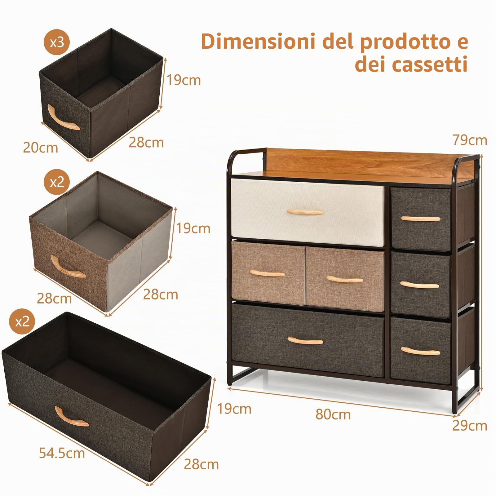 HOMASIS Cassettiera Camera da Letto con 7 Cassetti Pieghevoli, Comò in Tessuto con Ripiano in Legno, Struttura in Ferro, Settimino Multicolore per Salotto, Marrone, 80 x 29 x 79 cm