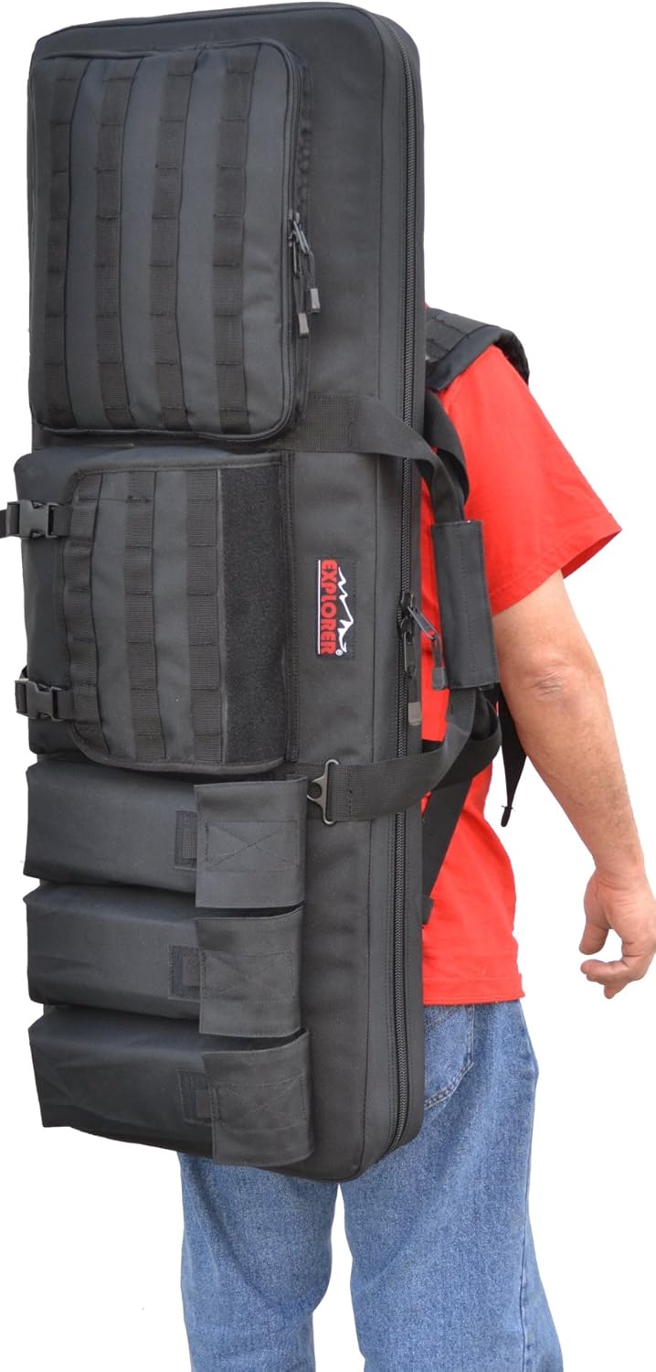 Explorer PAT3 Ranger Double 3 Rifles Weapon Gun Case Padded Long Tactical Carrying Military Backpack Bag with YKK Zippers with Storage MOLLE Pouches 4 Pistol Cases (46" inches, 46" Black)