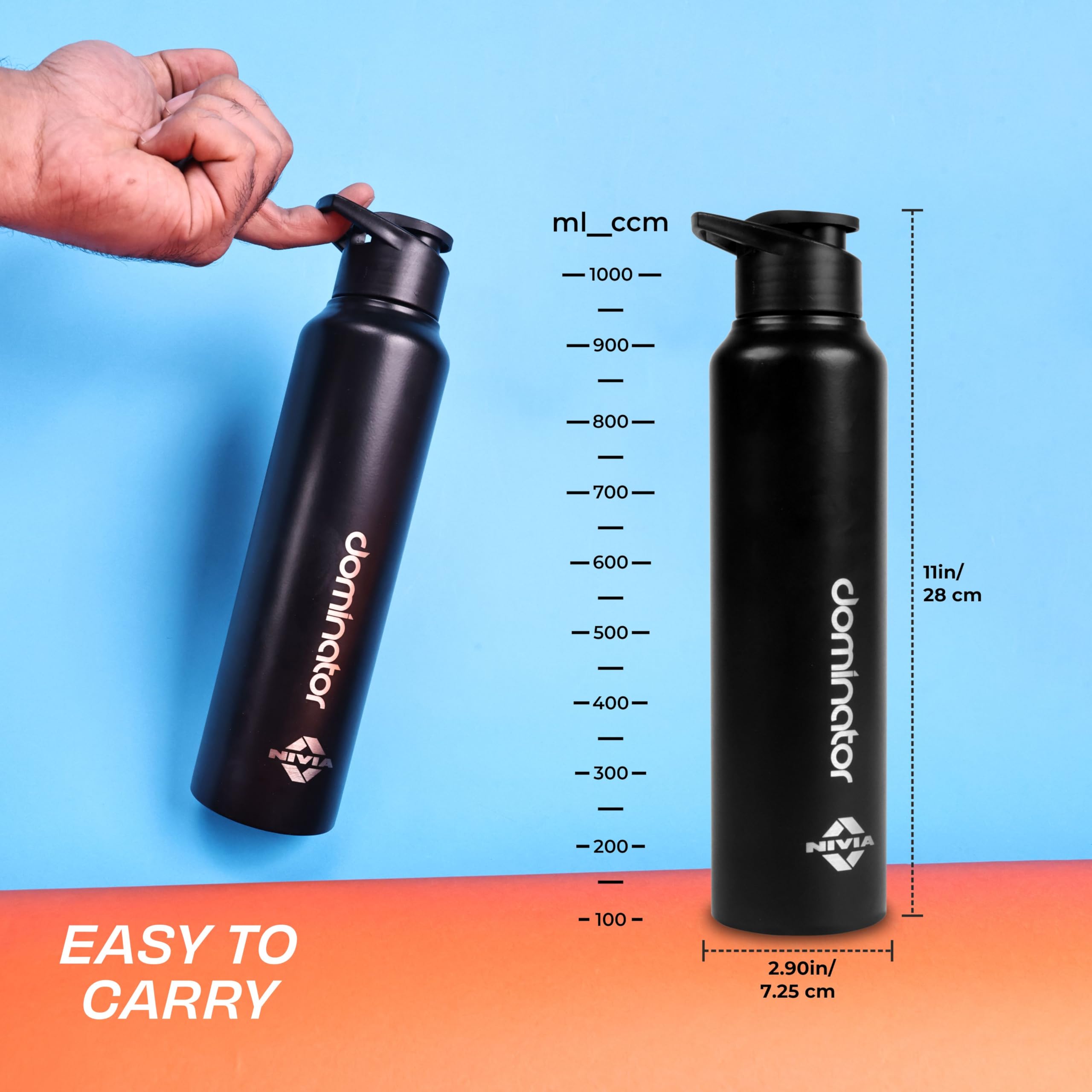 Nivia Dominator Stainless Steel Water Bottle 1000ML with Sipper, Durable, Leak-Proof, Easy Grip, Easy-to-Clean, Odour-Free Bottle with Secure Cap for School, Travel, Gym & Work (Black) 3