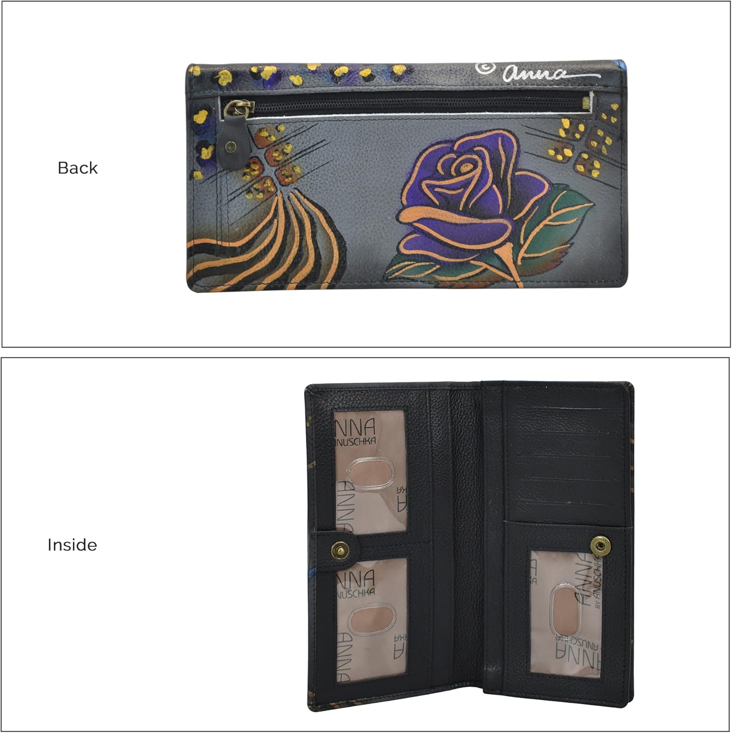 Anna by Anuschka Women's Handpainted Leather Ladies Wallet Snap Button Closure