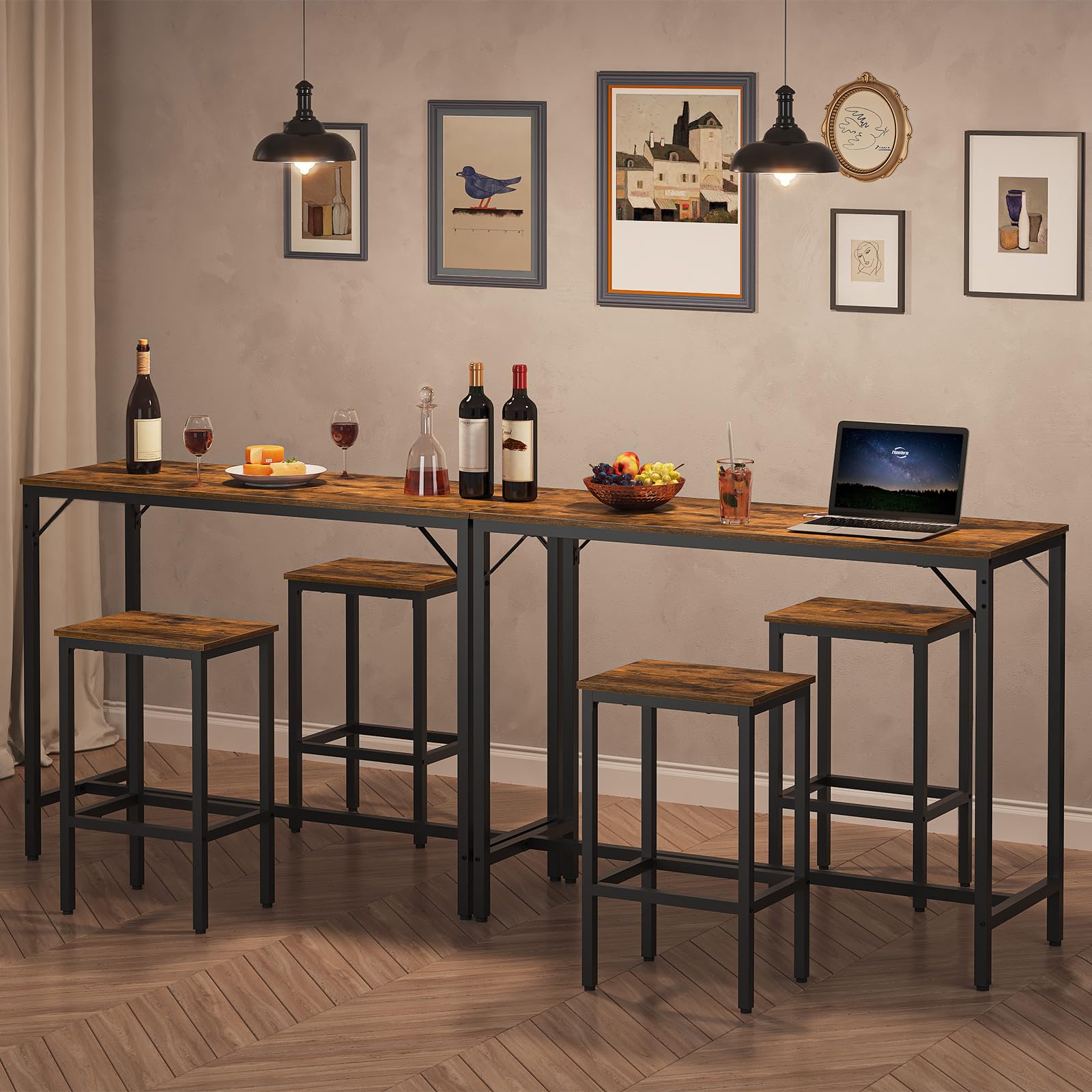 HOOBRO Juego de Mesa y 2 Taburetes de Bar, Estilo Industrial, Mesa de Comedor con 2 Asientos, 120 x 40 x 91 cm, para Sala de Estar, Cafetería, Cocina, Negro y Marrón Rústico EBF46BT01
