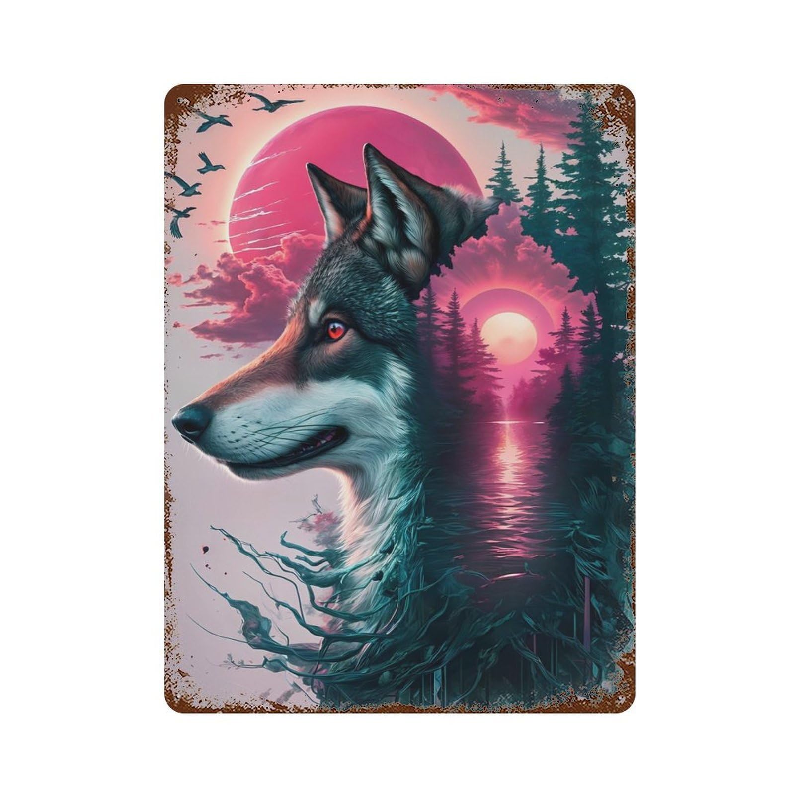 Wolf Pink Splash 15.7"x11.8" Retro Metal Sign, Vintage Wall Decor for Garage, Bar And Workshop Decor