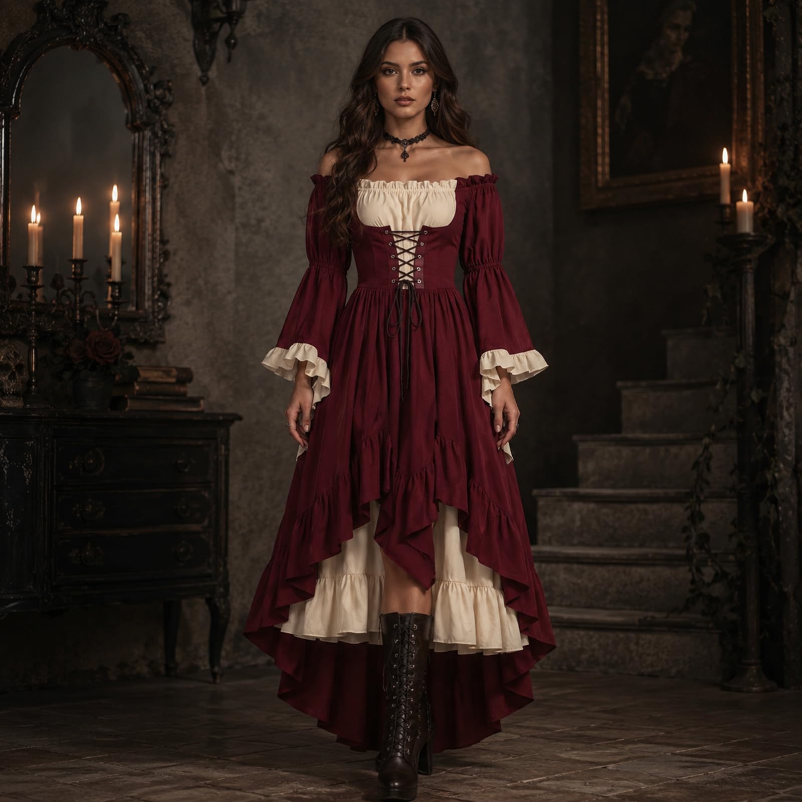 Saymany Mittelalter Kleidung Damen Renaissance Vintage Puffärmeln