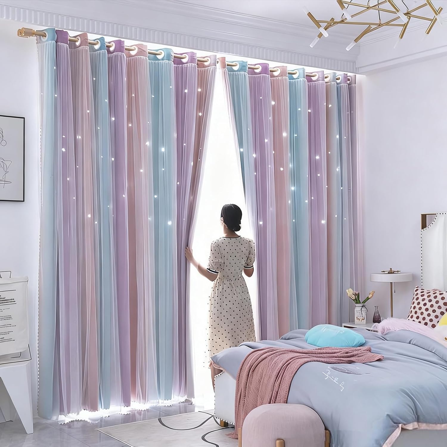Pink Purple Star Blackout Curtains 84 Inch Length for Bedroom, Thick Grommet Privacy Boho Curtain for Kids Room Aesthetic Room 2 Panels, Layer Star Cut Out Princess Curtains (W40X L84)