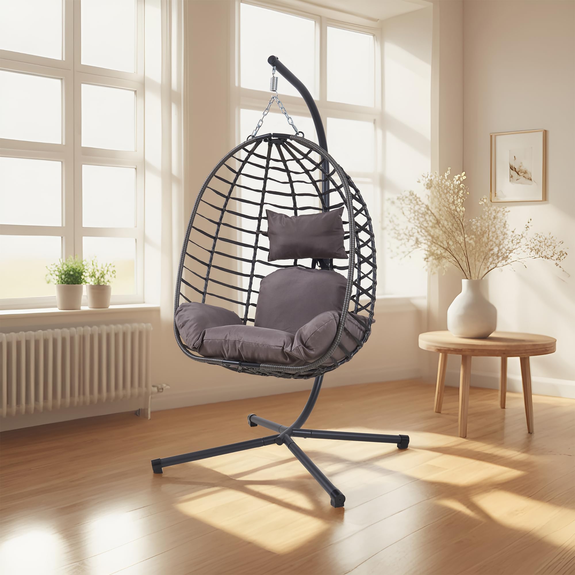 [en.casa] Poltrona Uovo Sospesa con Supporto in Acciaio e Cuscini Inclusi Seduta Pensile Sedia Relax Appesa per Interni Esterni Portata 100 kg Grigio
