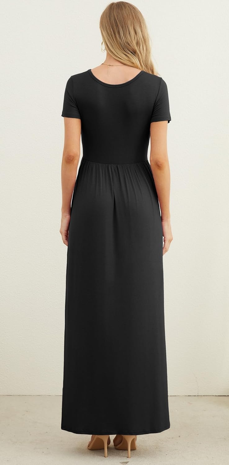 GRECERELLE Women Summer Casual Maxi Long Dress Short Sleeve Crew Neck with Pockets, Size S-3XL - Image 6