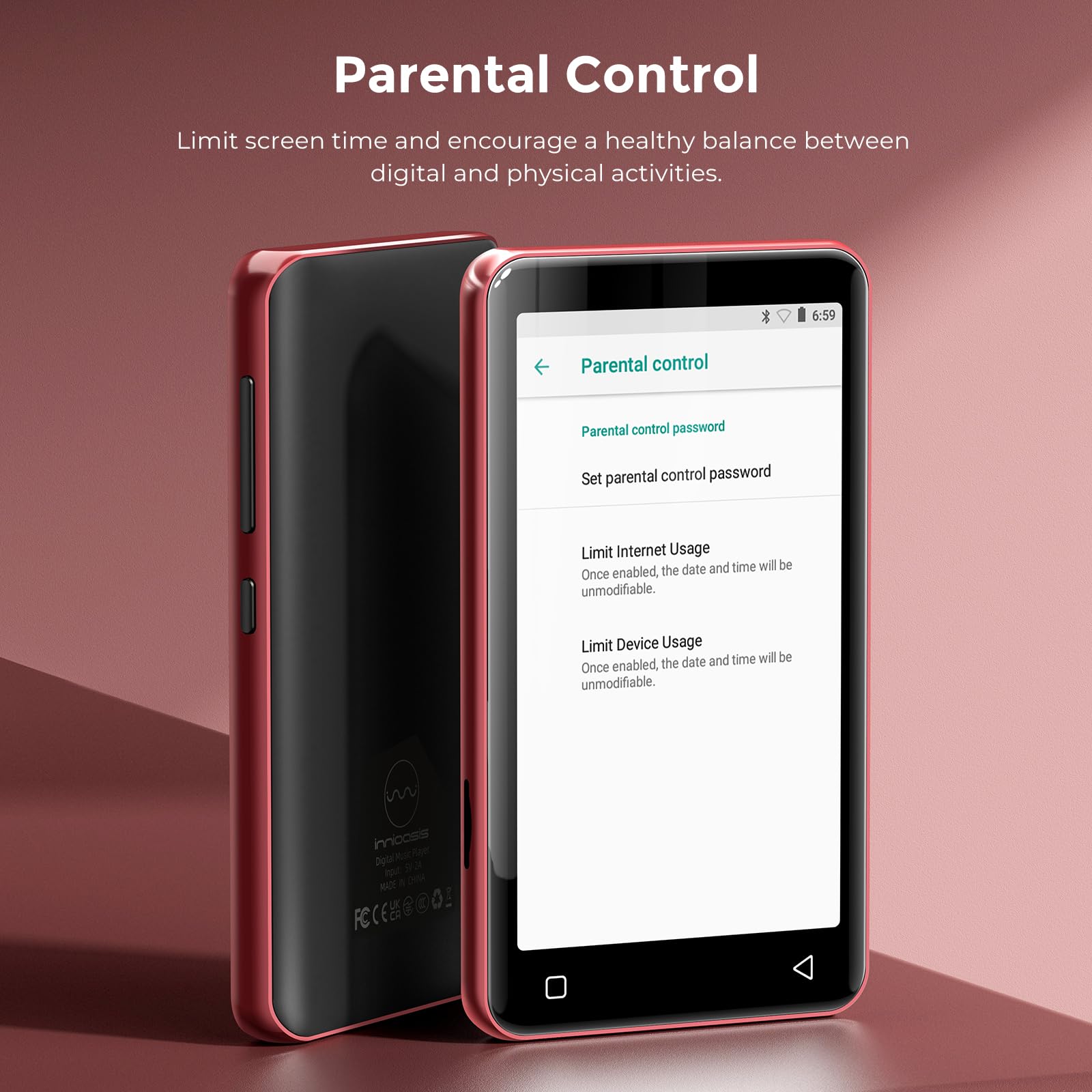 Innioasis 80 GB Reproductor MP3 con Bluetooth y WiFi, Reproductor de música Mp3 y Mp4 ave Spotify, Kids, Tidal, Deezer, Reproductor de vídeo de pantalla táctil de 4 pulgadas 1080P (negro+rojo)