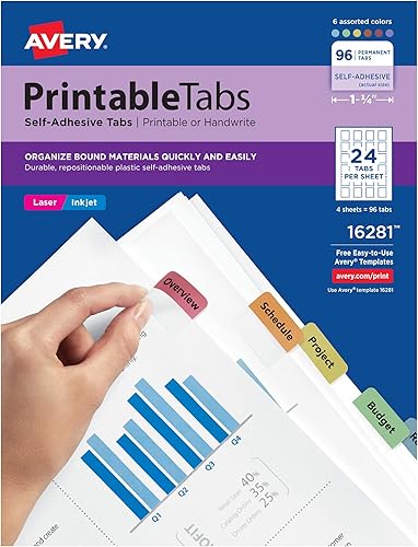 Avery 16281 Pestañas de plástico imprimibles con adhesivo reposicionable 1 14 surtido paquete de 96