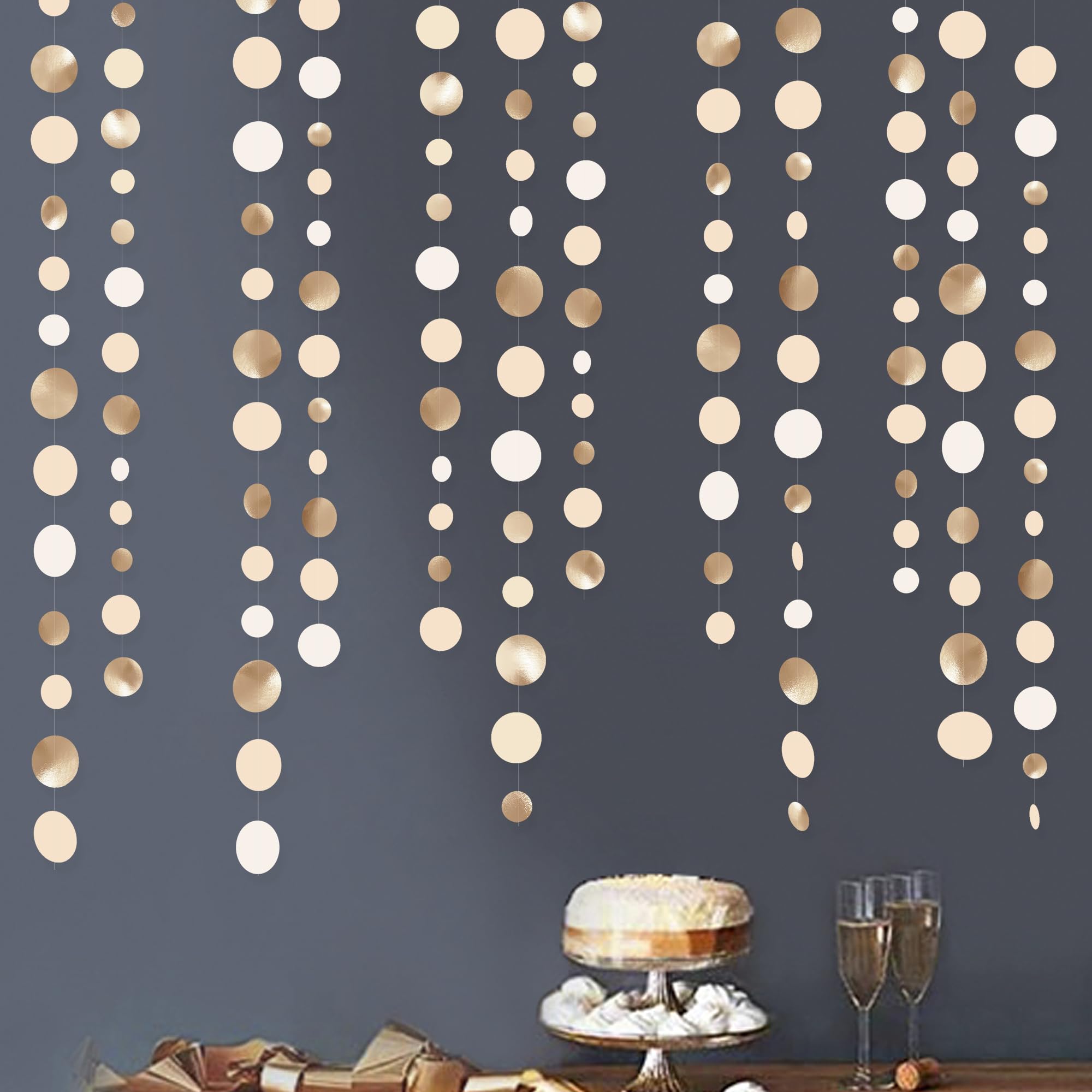 Champagne Gold Party Decorations Circle Dots Garland Gold Neutral Nude Neutral Cream Beige Boho Hanging Polka Dot Streamer for Bridal Shower Birthday Wedding Engagement Party Supplies