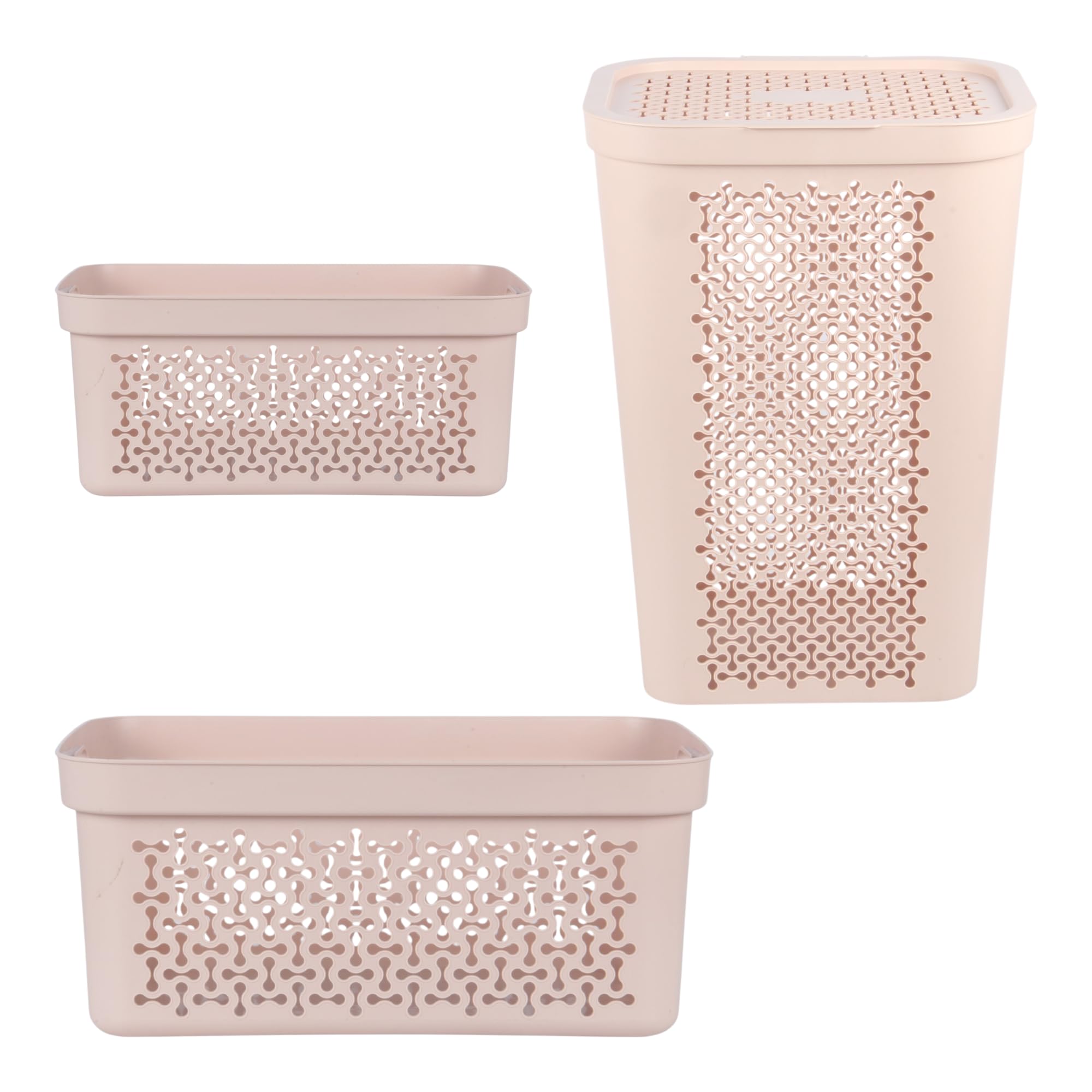 3 Piece Laundry Basket Set โ 20L + 30L + 60L Laundry Hamper with Lid โ Plastic Washing Baskets with Handles & Ventilated Design โ Laundry Sorting System for Home, Bathroom, Bedroom (Pink)