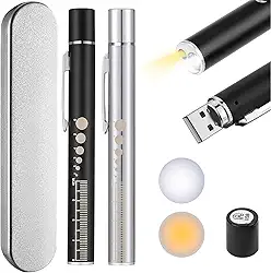 2 Lanterna Clinica LED Profissional, Lanterna Medica Recarregavel com Caixa, Luz Branca e Amarela, Ideal para Avaliação Pupilar, Diagnóstico Clínico, Exame Oftalmológico