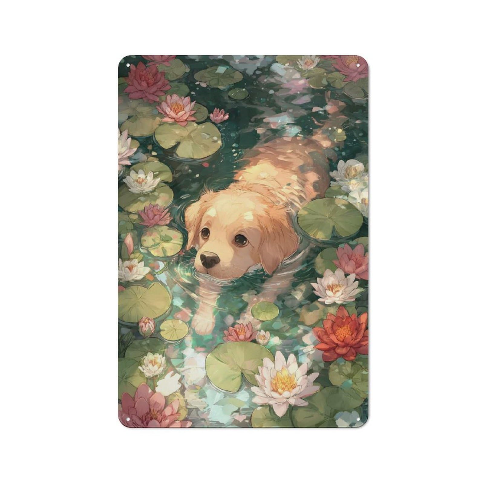 Junmoney Golden Retriever In Lily Pond Tin Wall Plaque 30X20cm With For Pub Or Café, With Clear Vintage Wall Decor Character