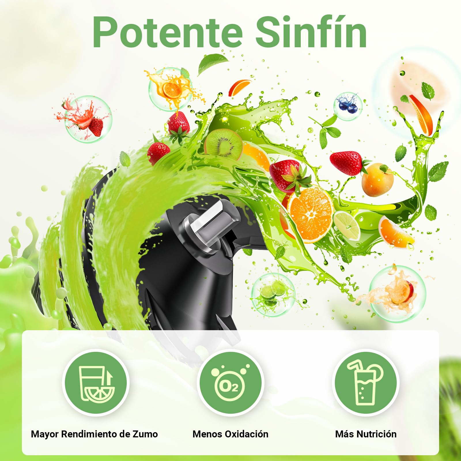AAOBOSI Extractor de Zumos y Verduras, Slow Juicer 110MM de Gran Apertur, Fácil De Limpiar, con función de masticación inversa, sin BPA, Apto para Frutas y Verduras, Con 2 Tazas y Cepillo