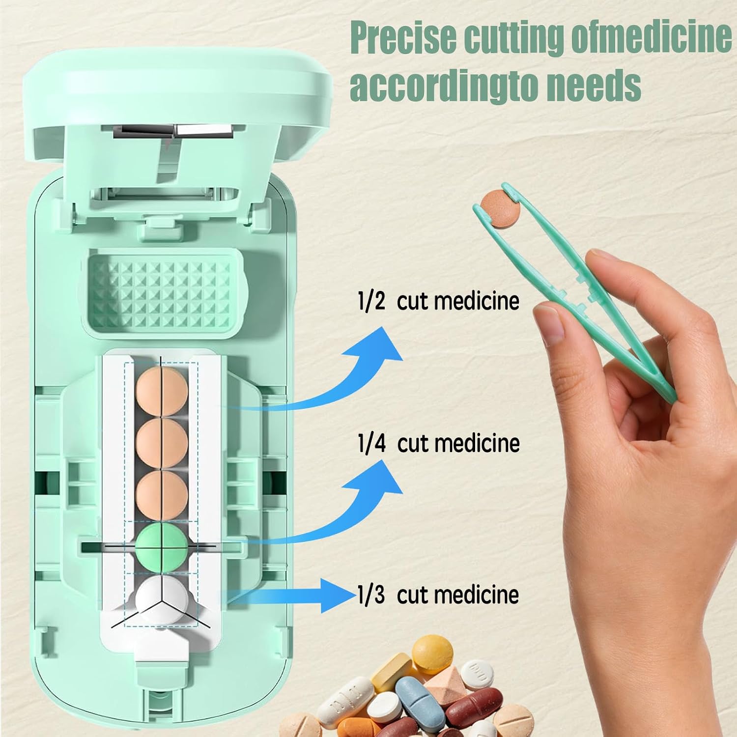 Ergonomic Large & Small Pill Cutter, 1/2 1/3 1/4 Tablet Slicer, Stainless Steel Multifunctional Pill Crusher Portable Kit with Storage Bag, Tweezers & Brush
