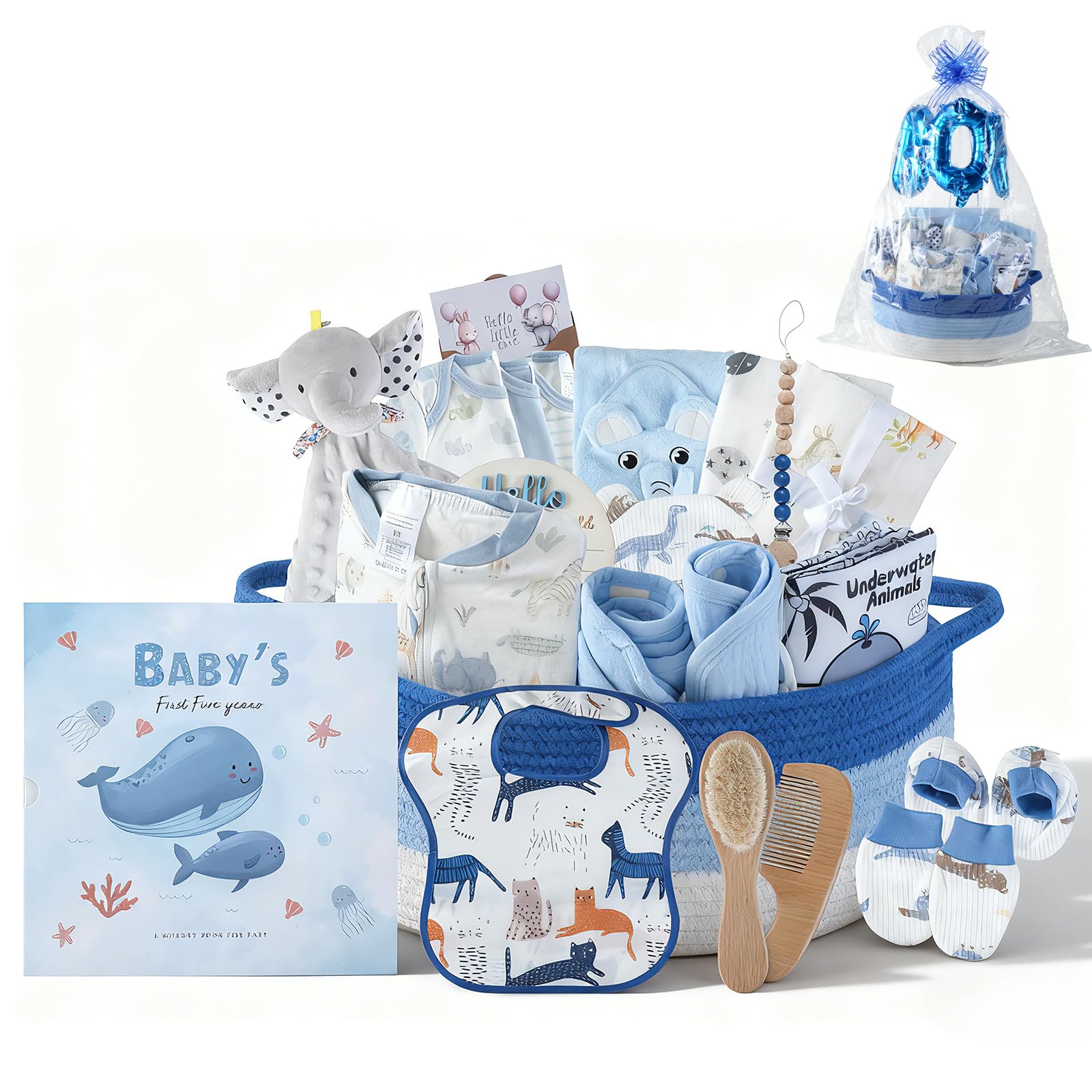 25-Pcs Luxury Baby Boy Gift Basket Set Blue 0-12M Newborn Premium Baby Shower Gifts with Keepsake Memory Book