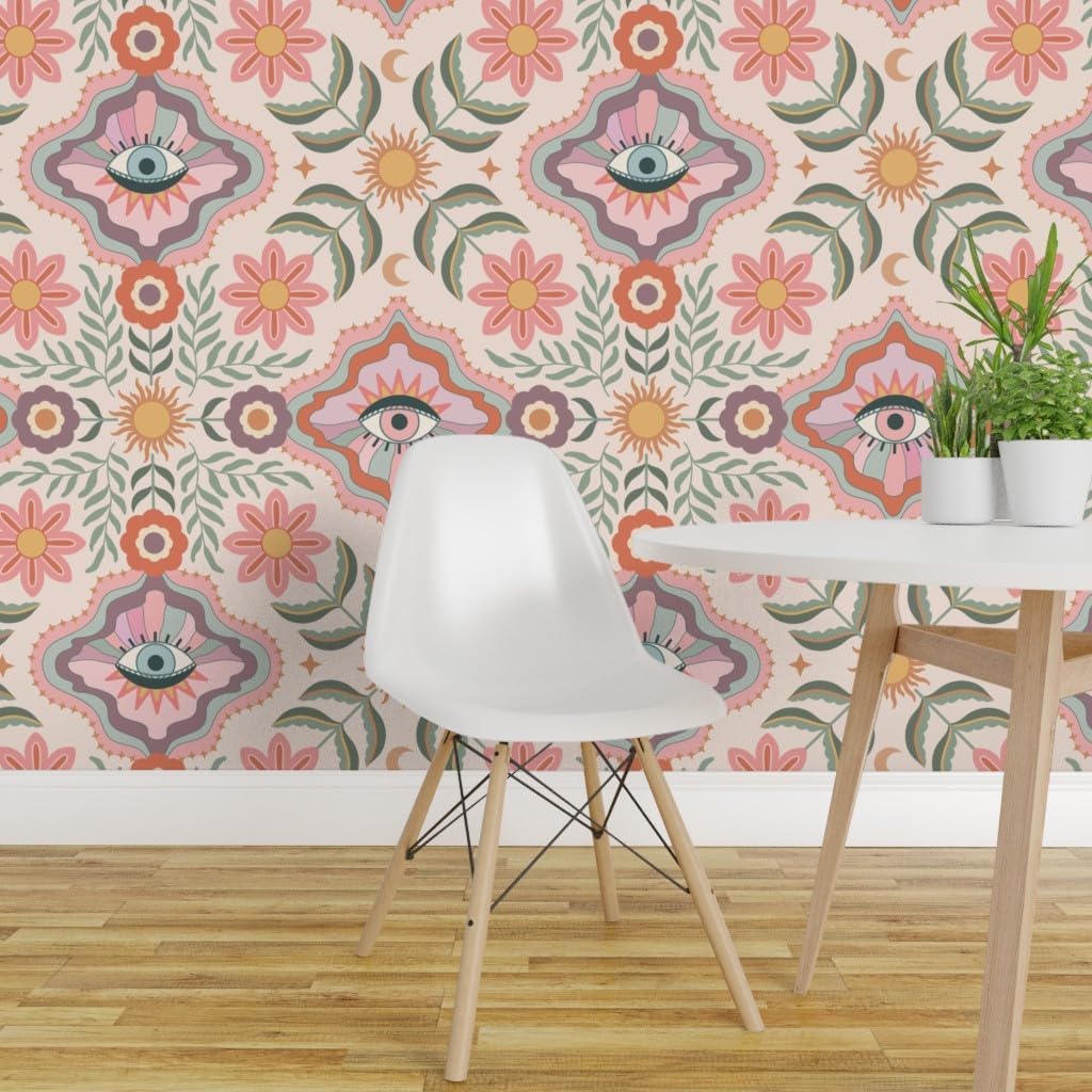 Removable Wallpaper 6ft x 2ft - Boho Floral Retro Eyes Teen Girly Tween Folk Flowers Bohemian Feminine Kids Sun Botanical Custom Pre-Pasted Wallpaper by Spoonflower