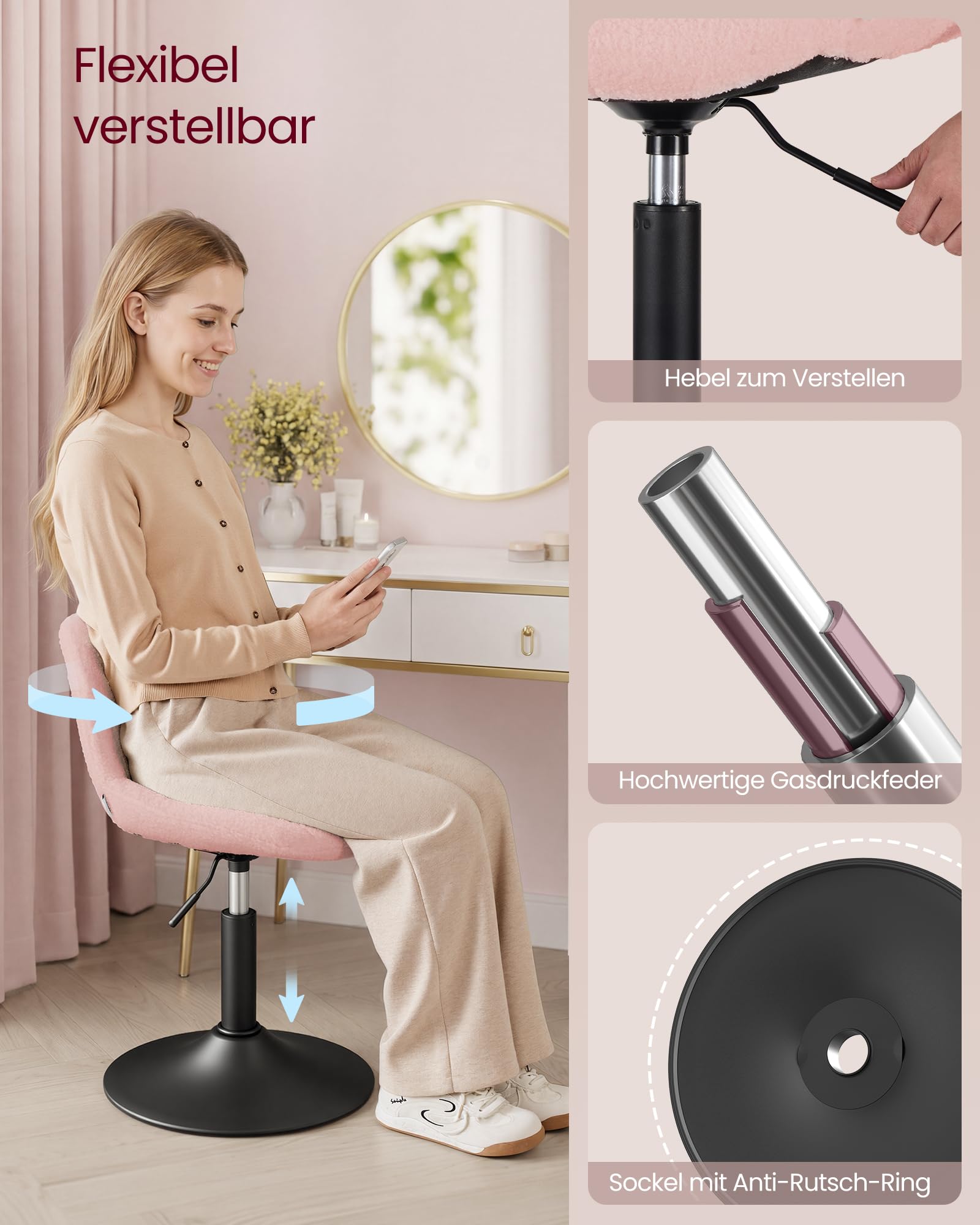 VASAGLE Schminkhocker, Schminkstuhl mit Rückenlehne, höhenverstellbar, um 360° drehbar, für Schlafzimmer, Esszimer, Sherpa-Bezug, Pastellrosa LJB160S101