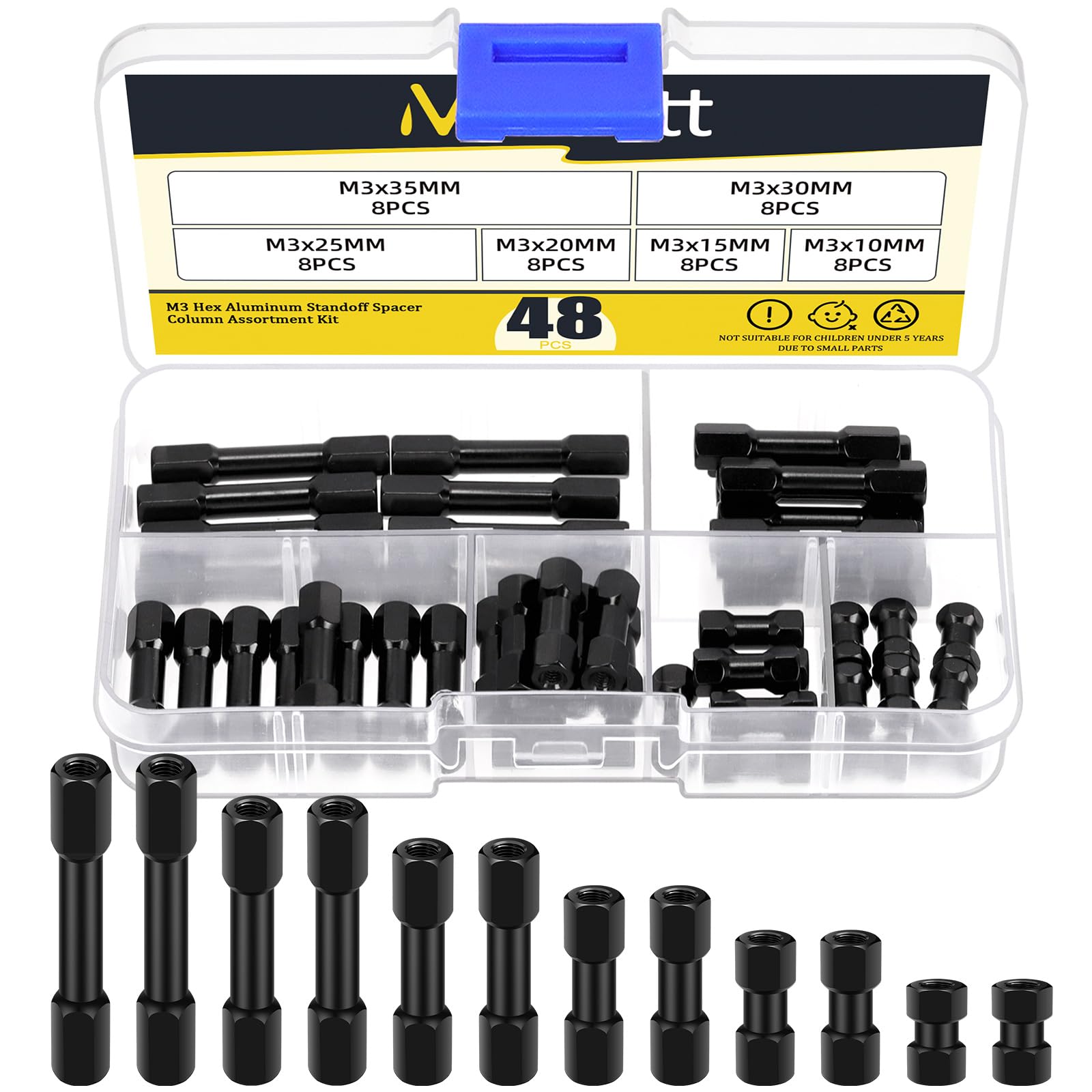 Mardatt 48Pcs M3 Hex Aluminum Standoff Spacer Column M3x10mm, M3x15mm, M3x20mm, M3x25mm, M3x30mm, M3x35mm Hex Head Column Spacer Hexagonal Connecting Column for RC Aircraft, FPV, CNC