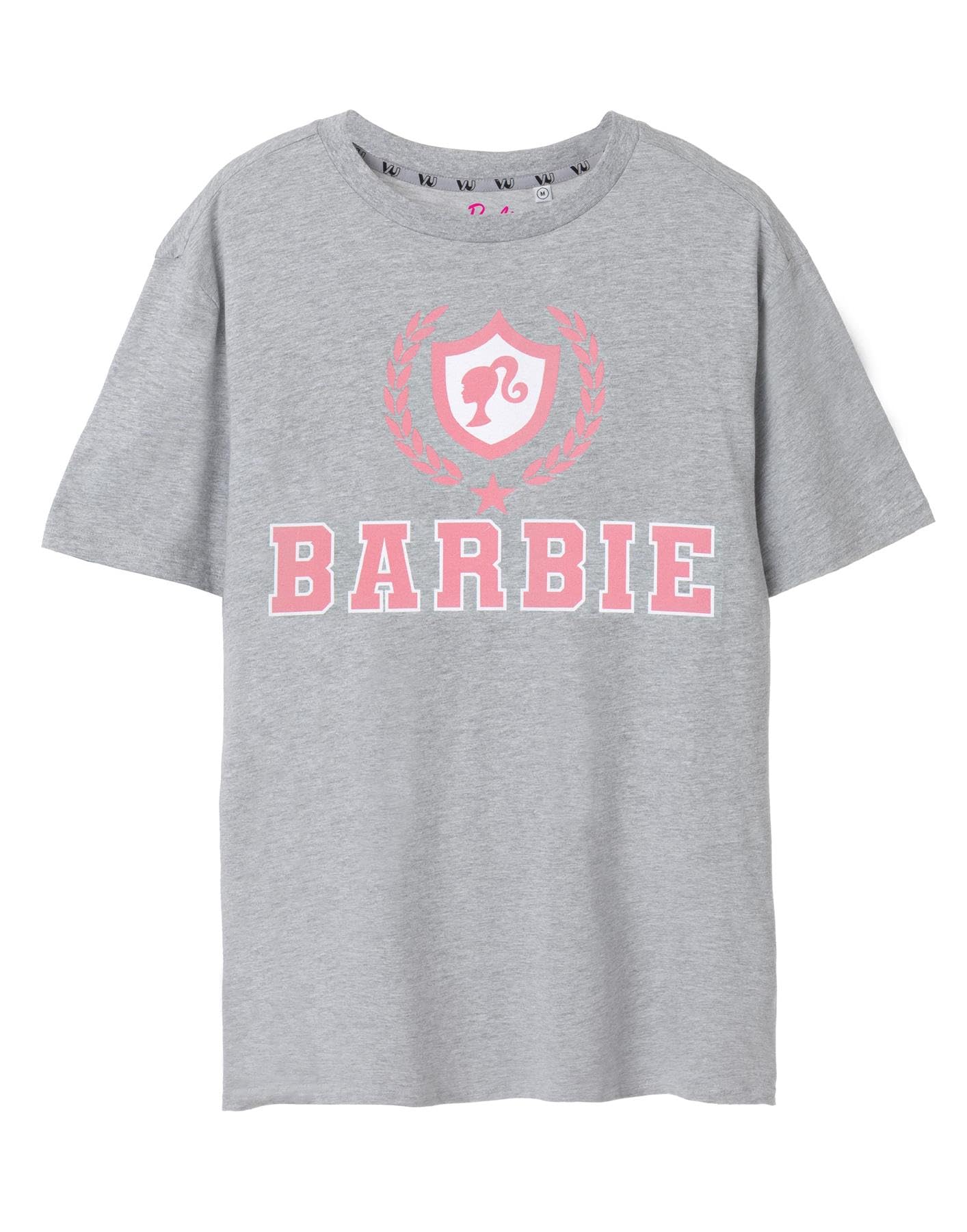 Barbie Womens T-Shirt | Grey Marl with Pink Collegiate Crest Logo Graphic Tee for Ladies | Retro Short-Sleeved Fashion Top | Doll Casual Oversized Graphic Tee Movie Merchandise Gift
