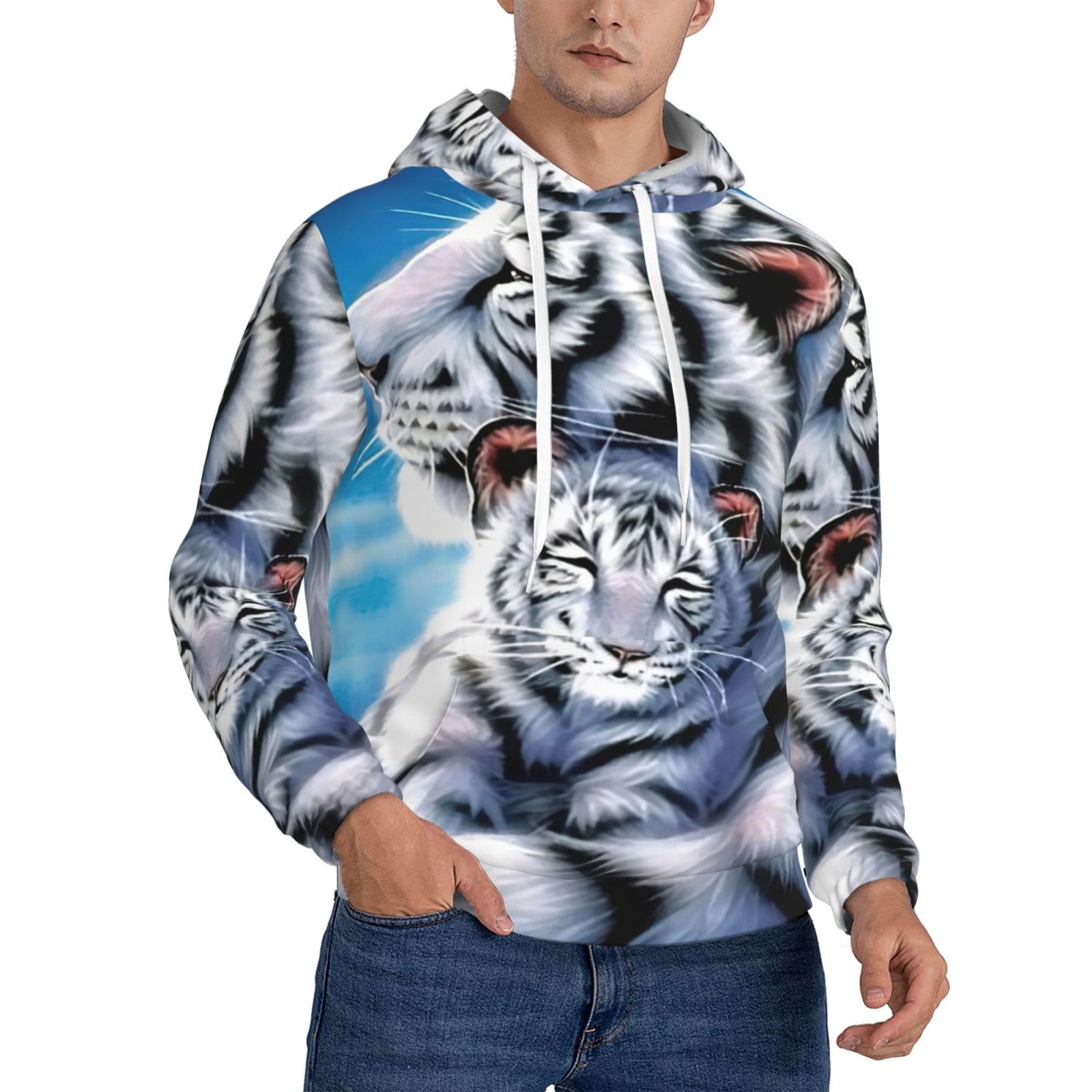 EdWal White Tiger Print Men'S Hoodie,Comfortable Pullover Sweatshirt For Men,Drawstring Casual Hooded Sweatshirts