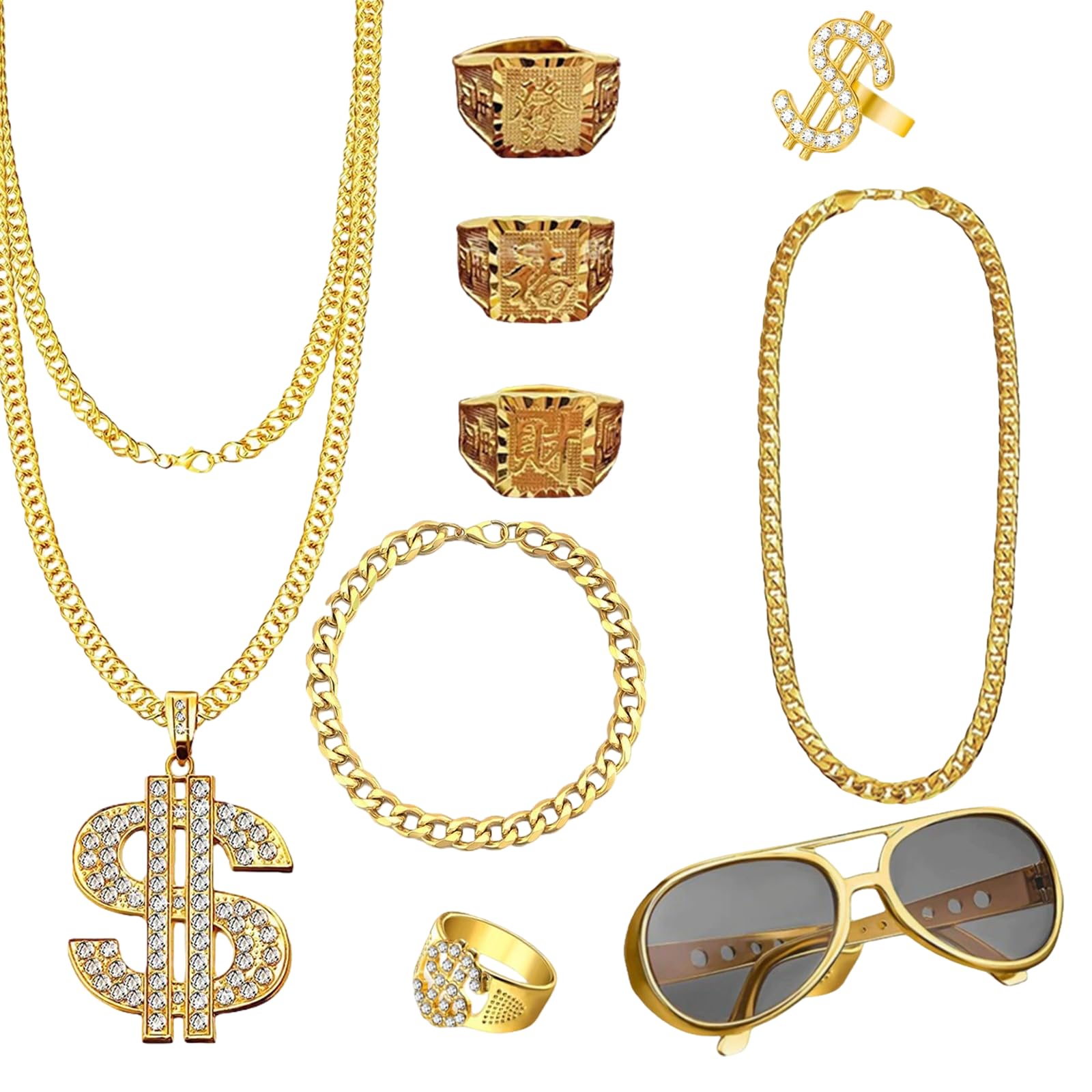 Disfraz de rapero, disfraz de proxeneta, traje de hip hop 80 90, cadena de oro para hombre, gángster pandilla, gafas de sol, cadena para carnaval y fiesta temática, conciertos de Rap