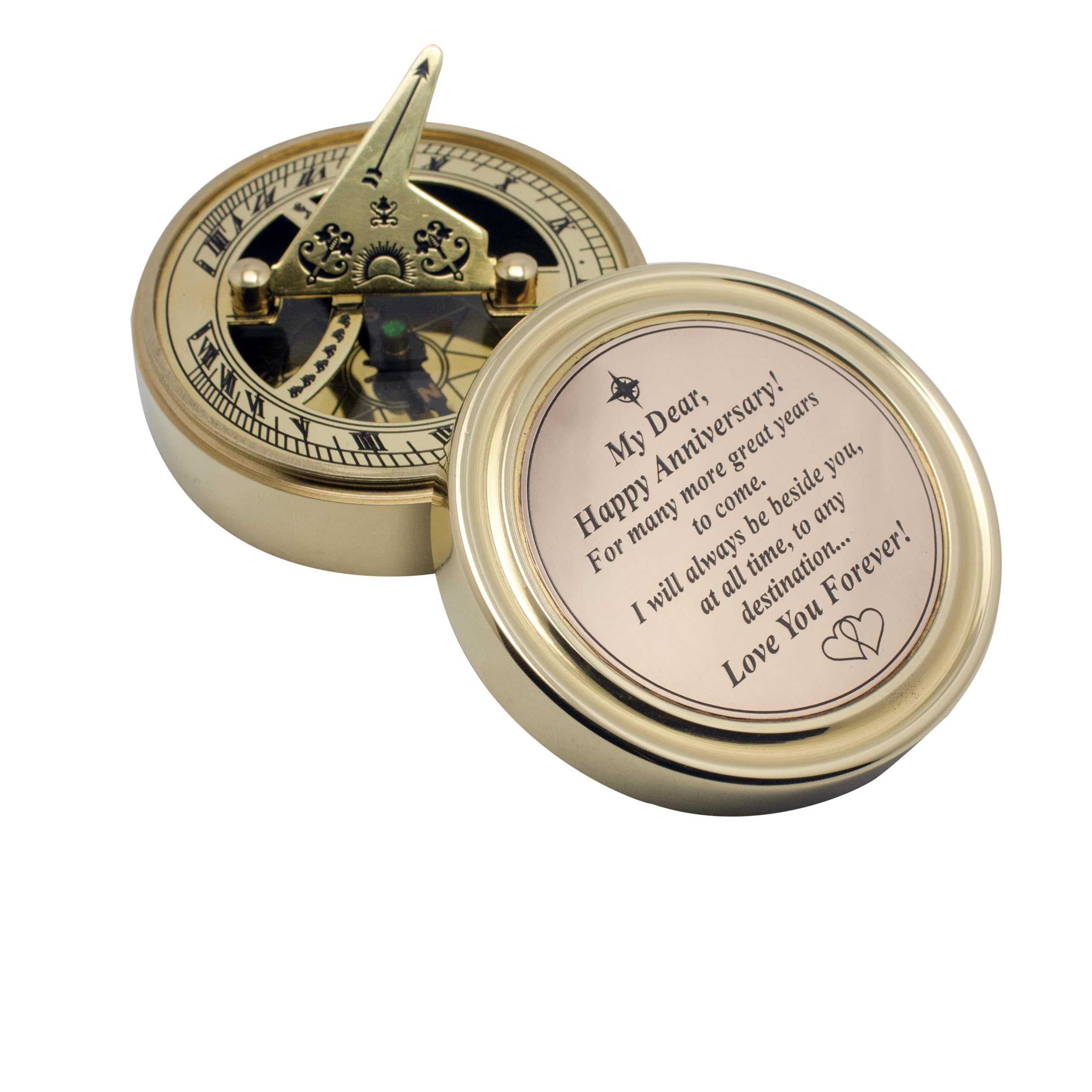 Personalized Anniversary Brass Sundial Compass with Romantic Message, Wooden Box Included Gift for her him