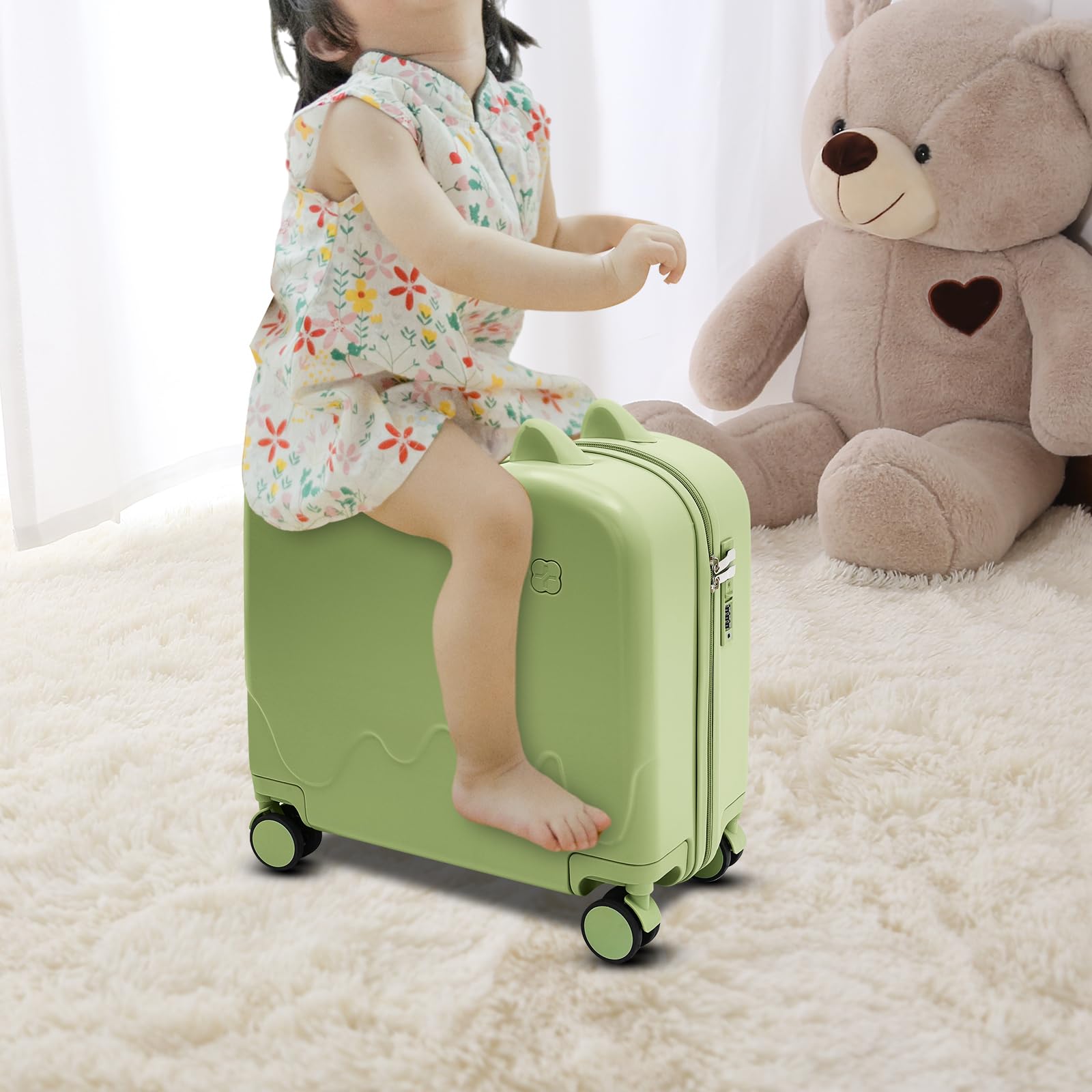 37L Kinderkoffer zum Draufsitzen, Kindertrolley Kindergepäck mit Zugstange und Passwortschloss, Leichtgewicht Kinder Rutschkoffer mit 4 Rollen, für 3-6 Jahre Mädchen & Jungen (Olivgrün)
