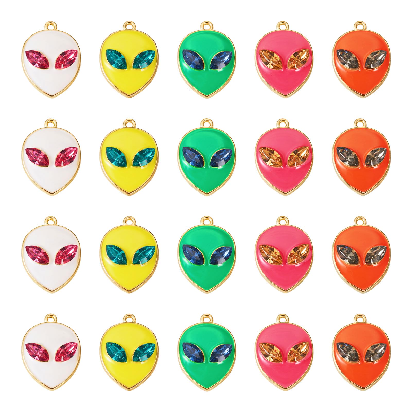 Spritewelry 20Pcs 5 Color Enamel Alien Charm Alien Face Pendants with Rhinestone Cute Alien Head Dangle Decor for Earrings Mardi Gras Jewelry Making