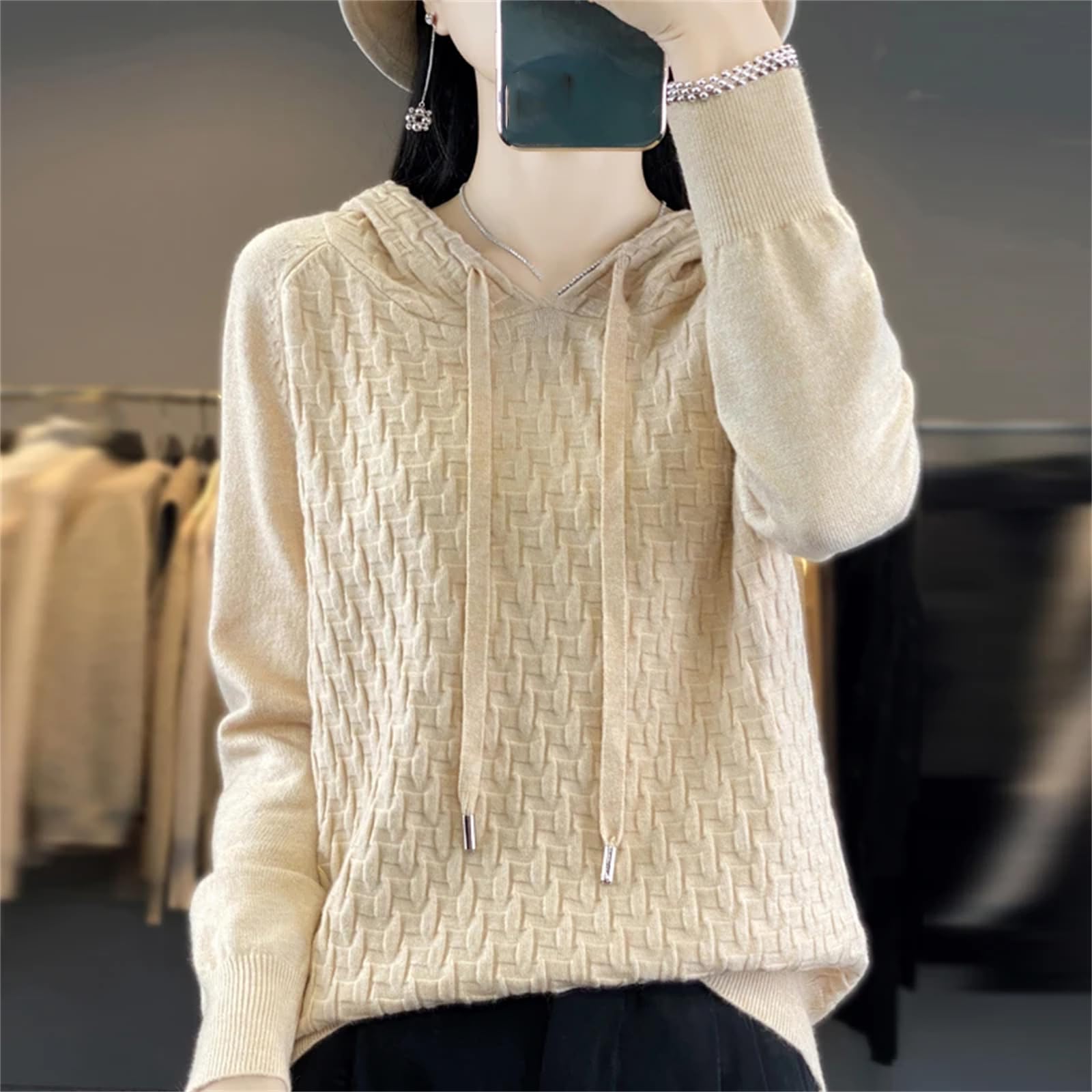 Yeuyyben Maglione da donna in misto lana Outwear camicia con cappuccio colletto pullover invernale fondo casual maglia top, Marrone e grigio., L