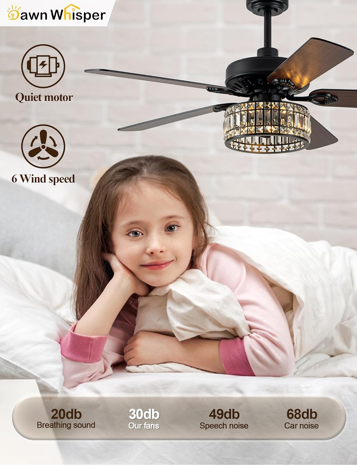 52 Inch Black Chandelier Fans Quiet and Reversible DC Motor Modern Ceiling Fans with Lights for Bedroom Living Room