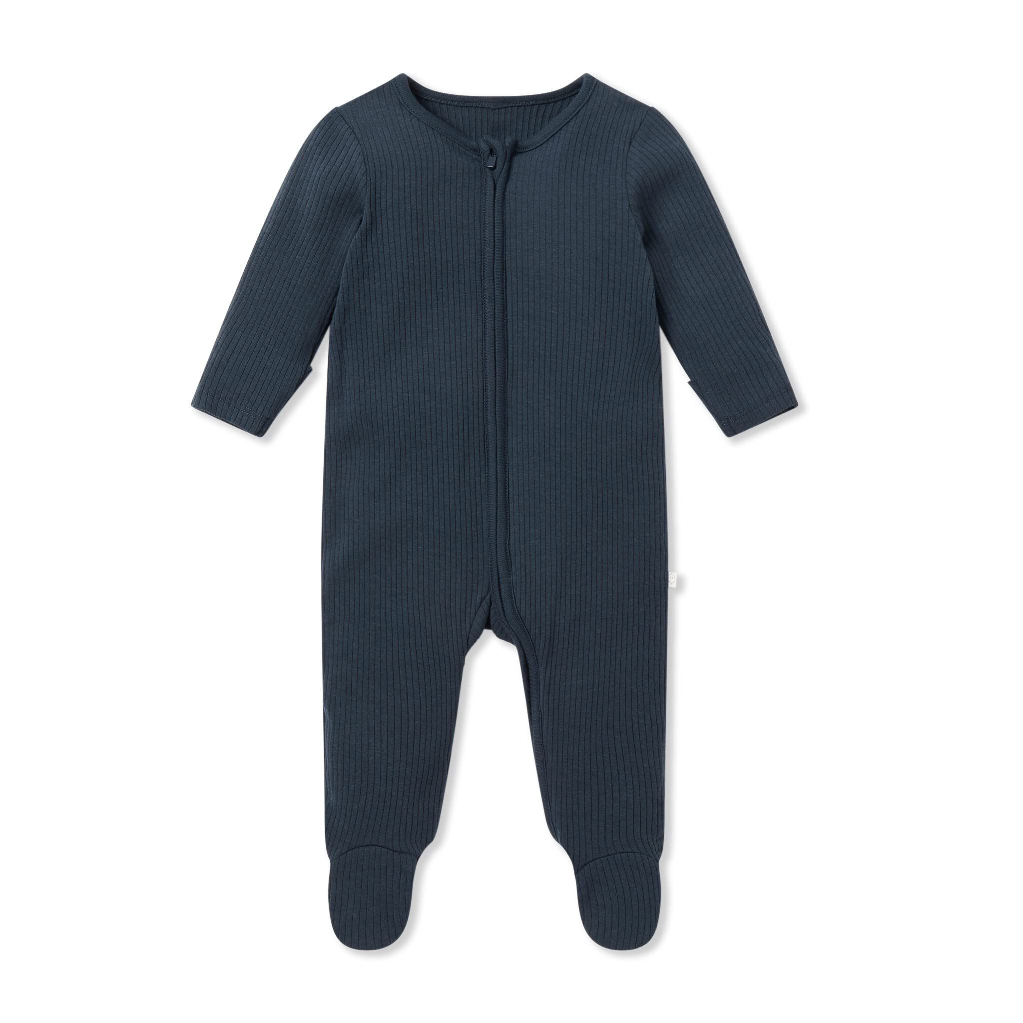 MORI Pigiama Intelligente a Coste per Neonato e Bambina in Blu Navy a Coste - Pigiama Organico con Cerniera bidirezionale - Comodo Pigiama con Piedini per Bambini - Neonato