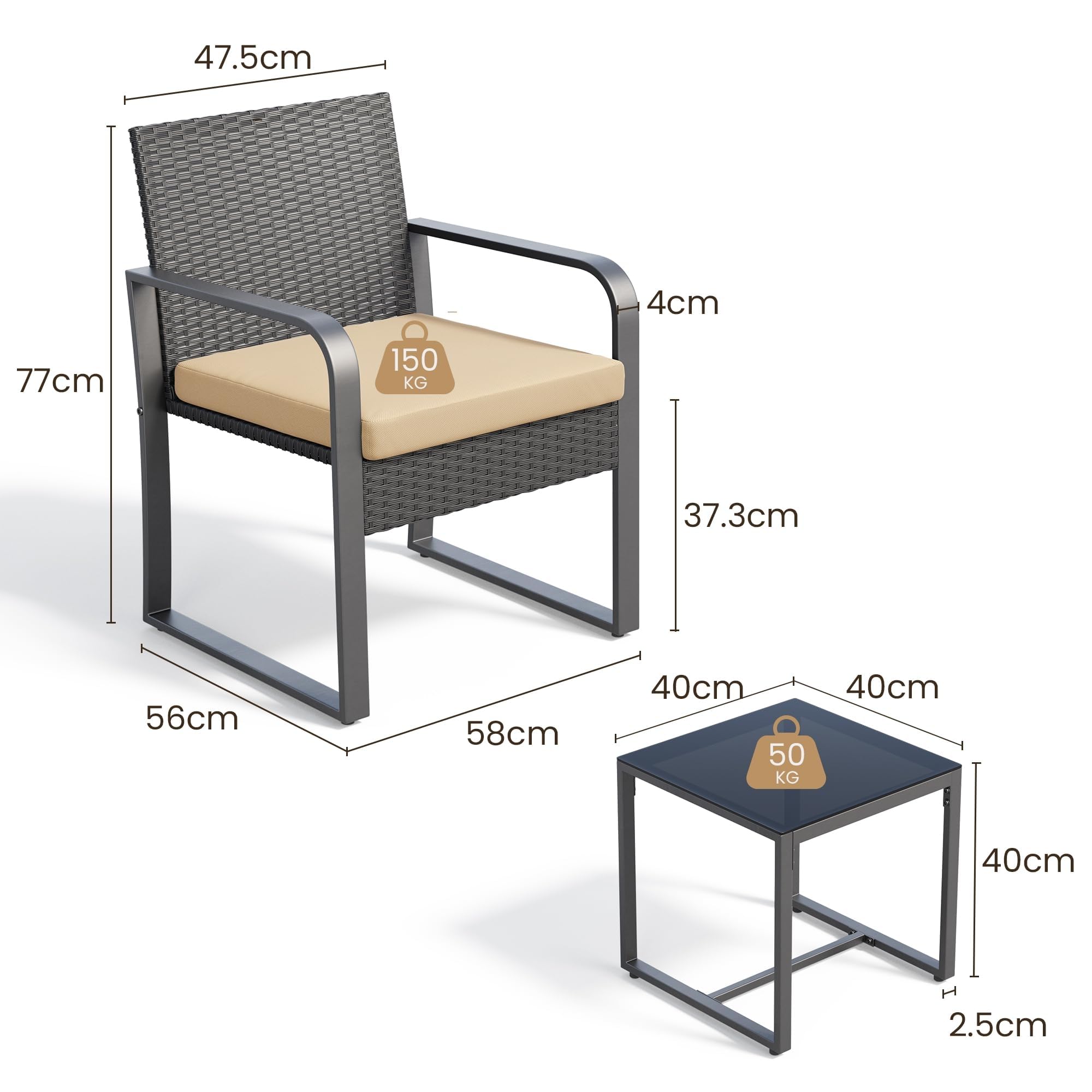 Bealife Salottino da Esterno in Rattan, Set Giardino 3 Pezzi con 2 Poltrone Imbottite + Tavolino con Piano in Vetro, Mobili per Balcone e Terrazza (beige)