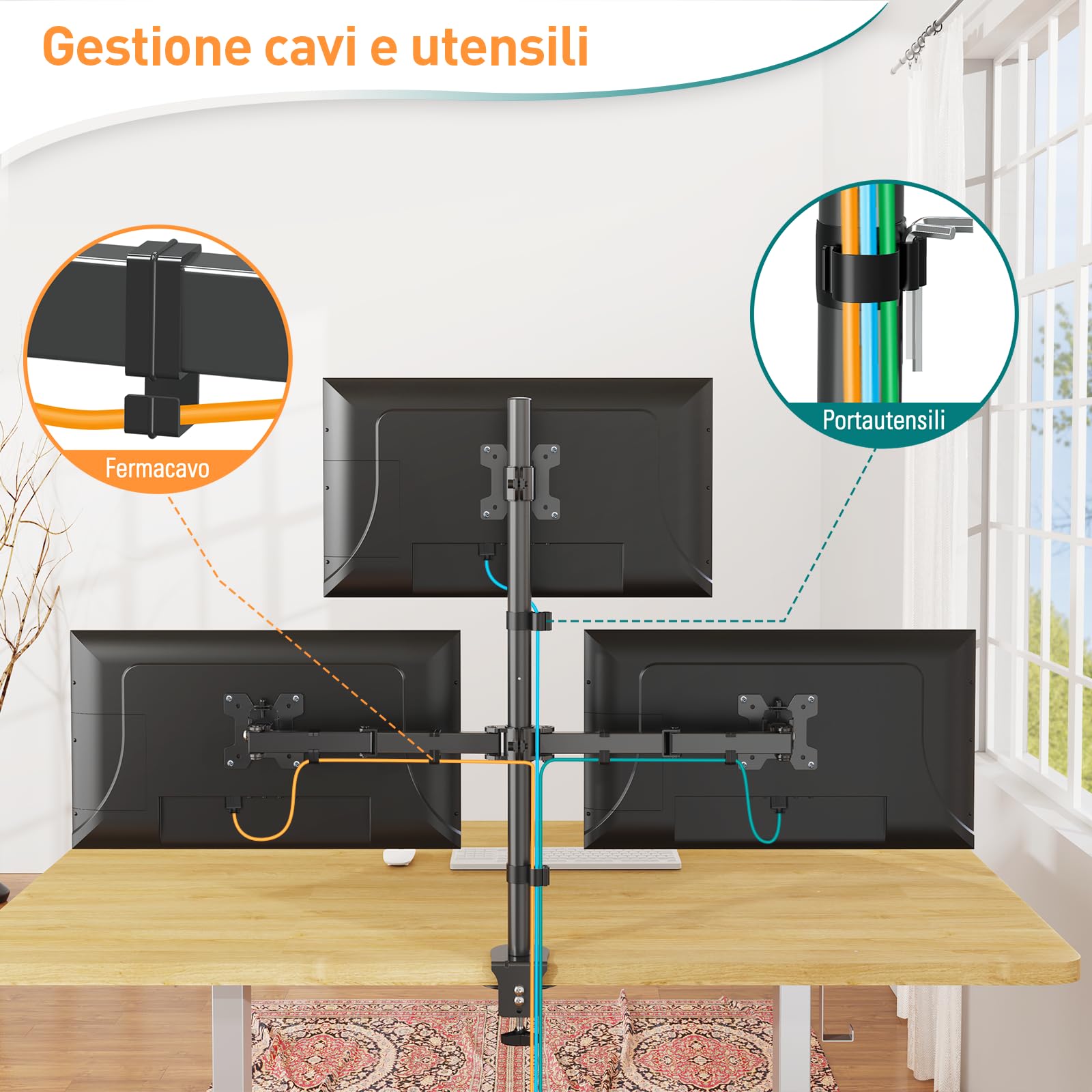 ELIVED Supporto per monitor 3 monitor per schermi da 17 a 32 pollici, braccio a tre monitor, altezza regolabile, asta alta 80 cm, max. 8 kg per braccio, VESA 75/100 mm, EV4013