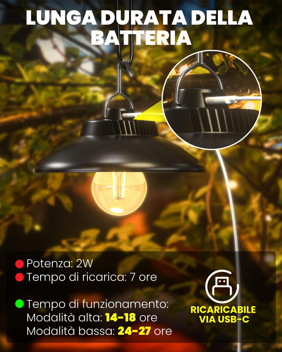 Lampada da campeggio ricaricabile, lampada da campeggio a LED con batteria da 2600 mAh, IPX4, impermeabile, luce da campeggio, 2 modalità di luce, lampada da appendere per campeggio