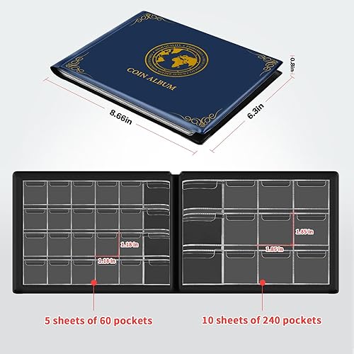 Miniatura 4 de Colección de monedas para coleccionistas, 300 bolsillos, álbum de carpetas de recolección de monedas con fundas sin PVC para 20252730381.811 in,