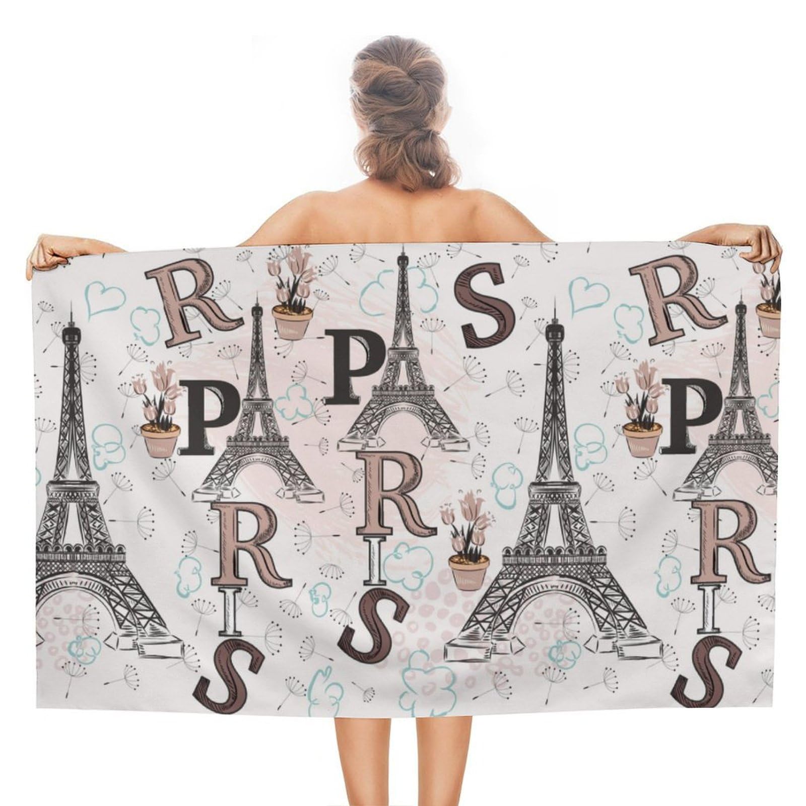 LEDFCVSU Beach Towel, Paris Eiffel Tower Floral Bath Towel, Absorbent Towel for Swimming, Sports, Travel